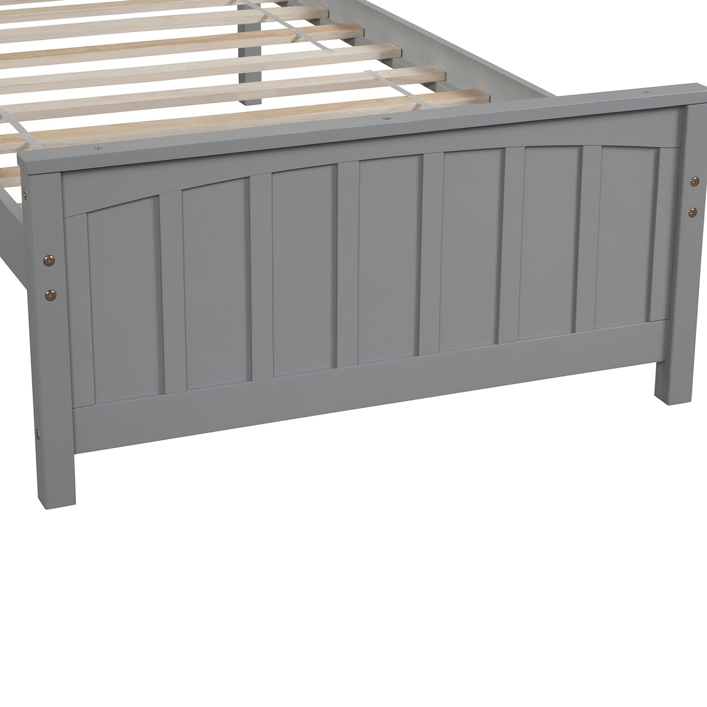 Gray wooden bed frame with vertical slats and arched top panel