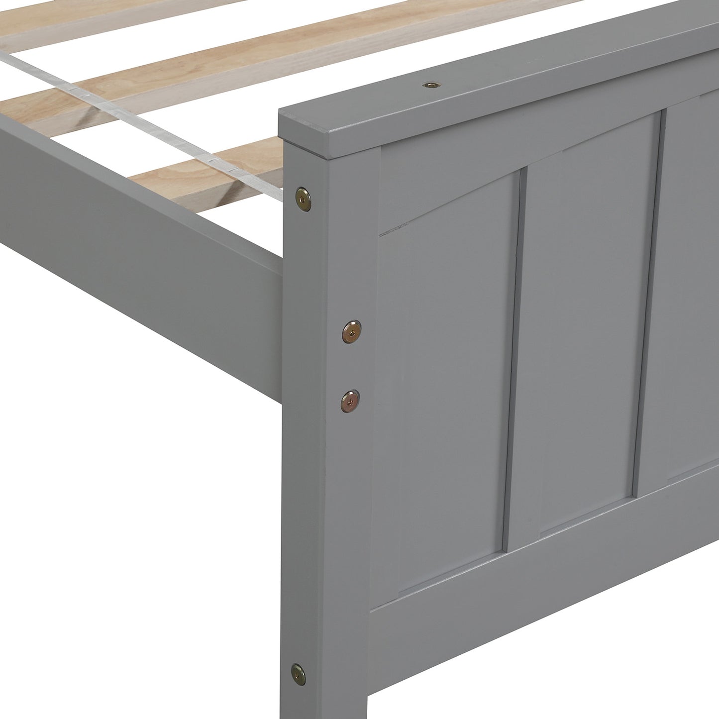 Gray wooden bed frame with slatted base