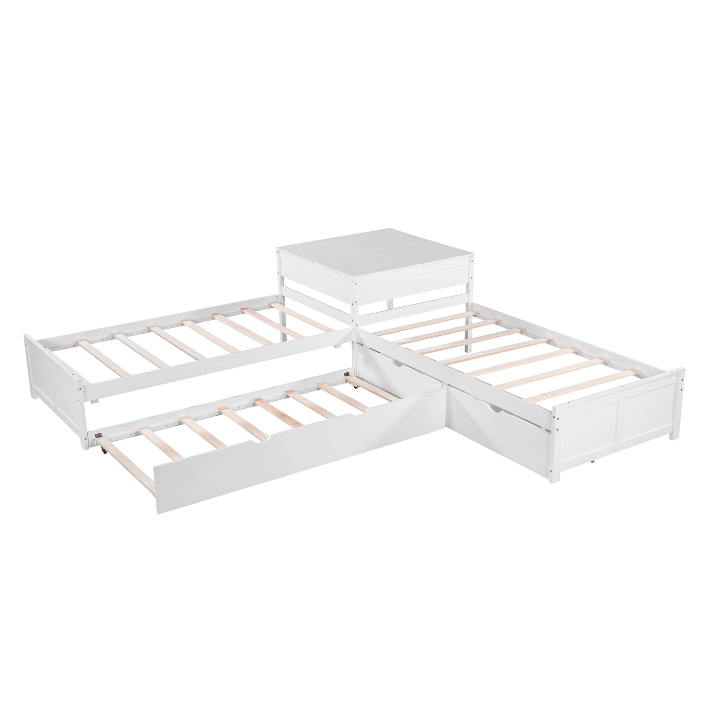 White trundle daybed with pullout beds and a storage unit
