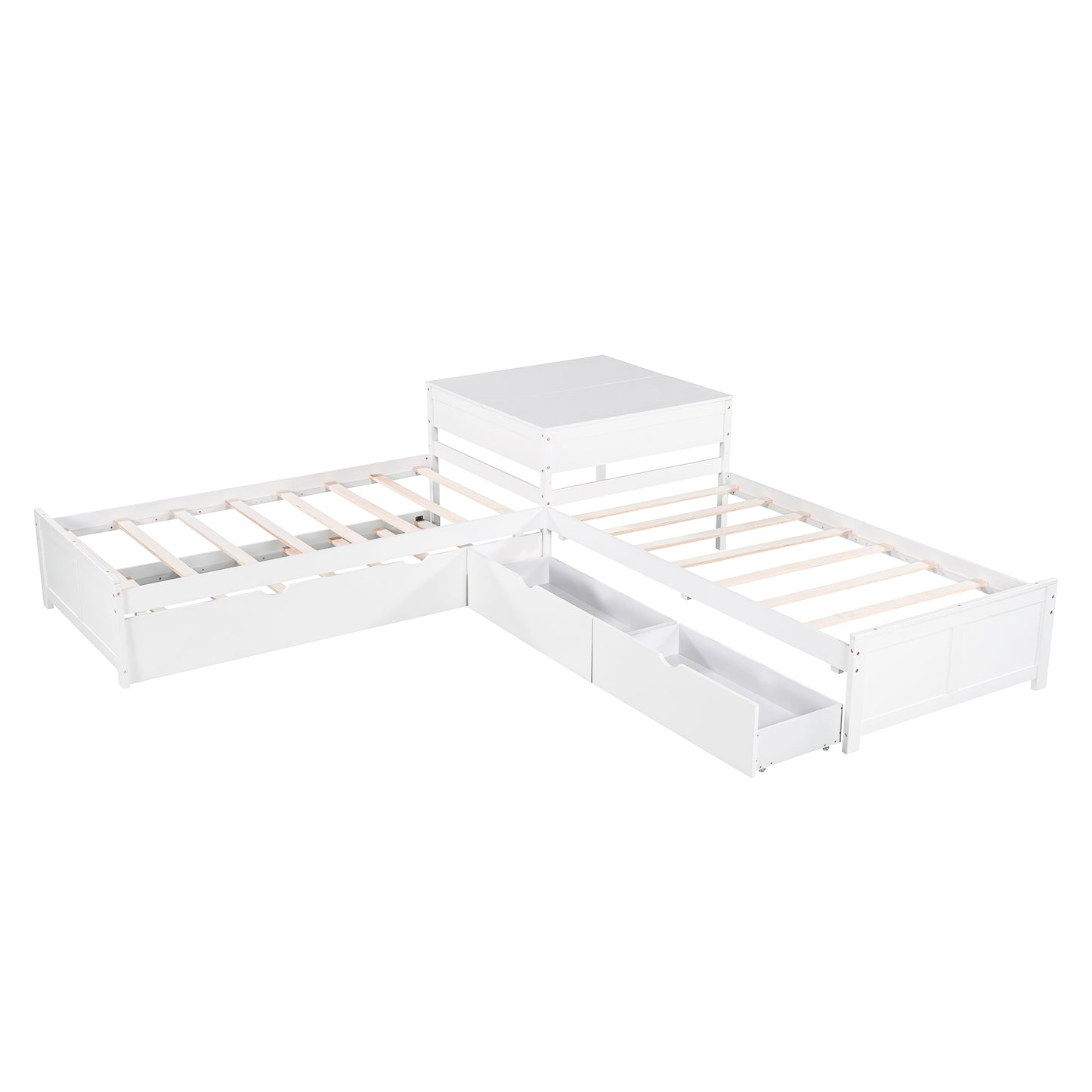 White Lshaped twin bed frame with storage drawers