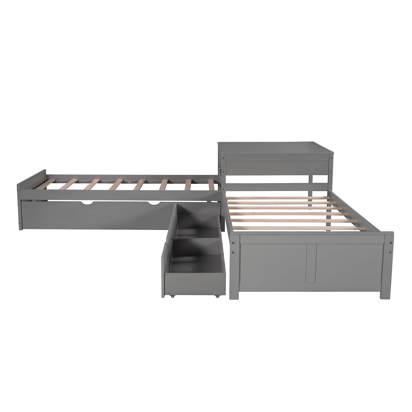 Gray Lshaped twin bed frame with three storage drawers
