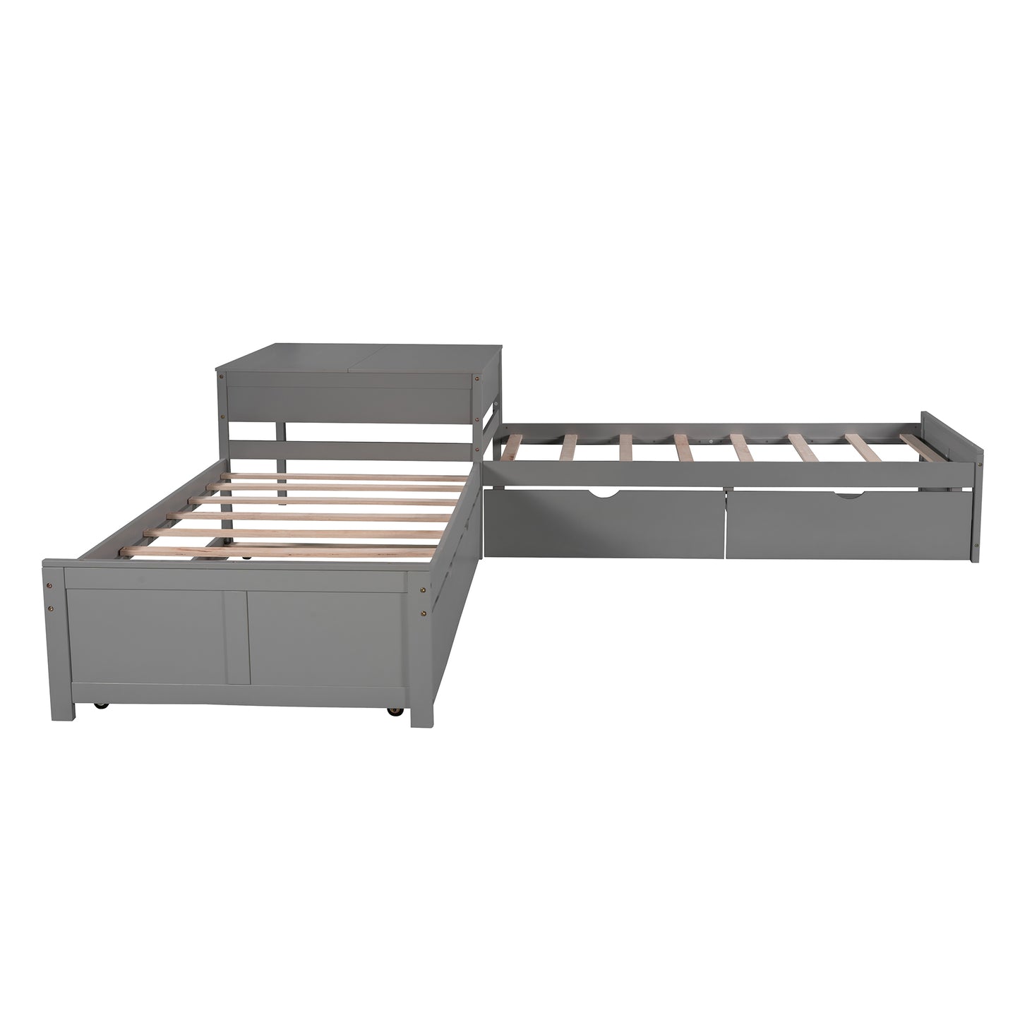 Grey Lshaped twin bed frame with pullout trundle and drawers