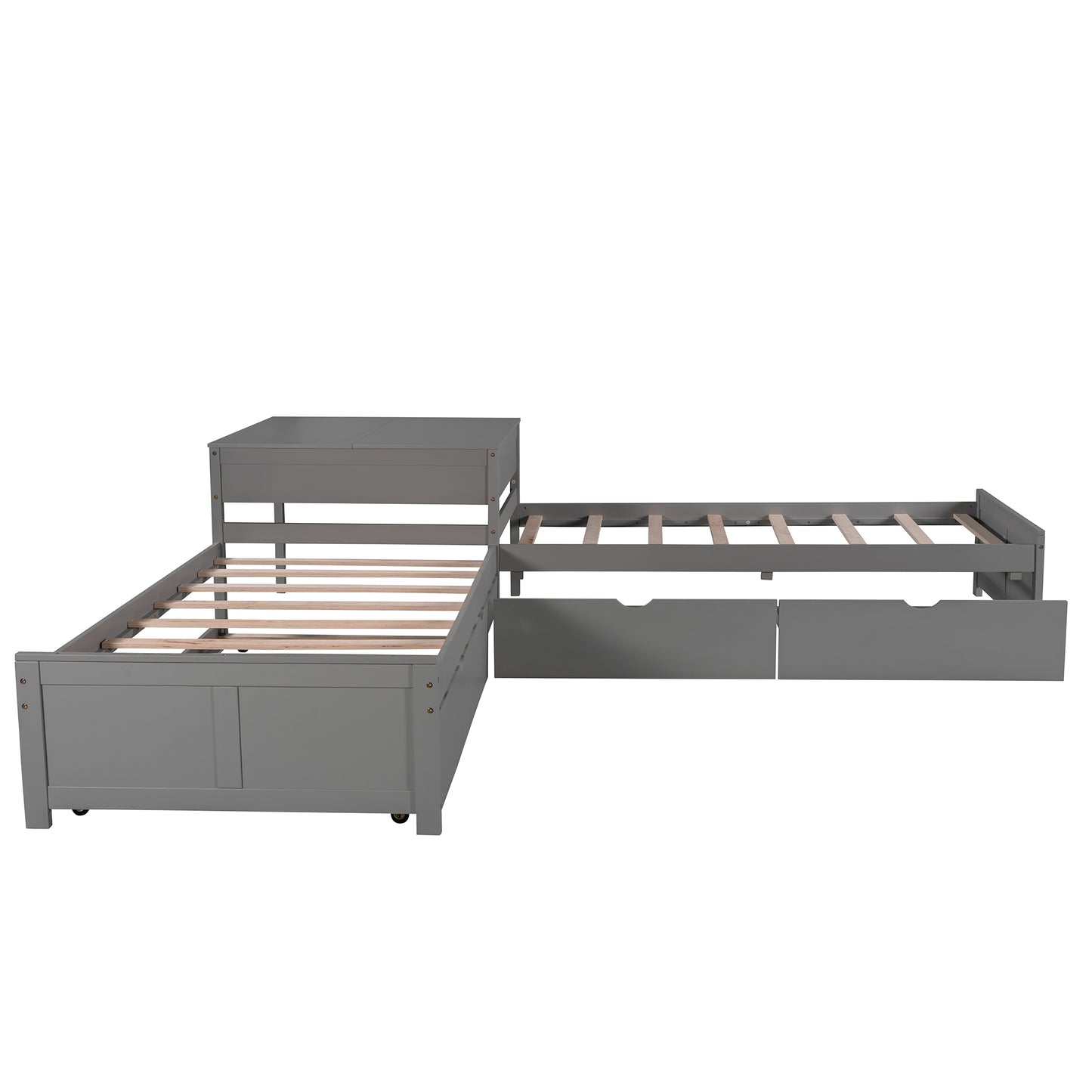 Gray Lshaped twin bed frame with trundle and storage drawers