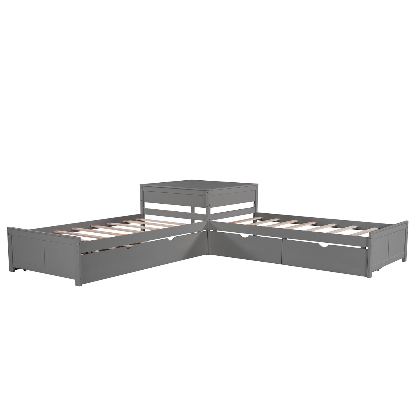 Gray wooden corner bed frame with drawers