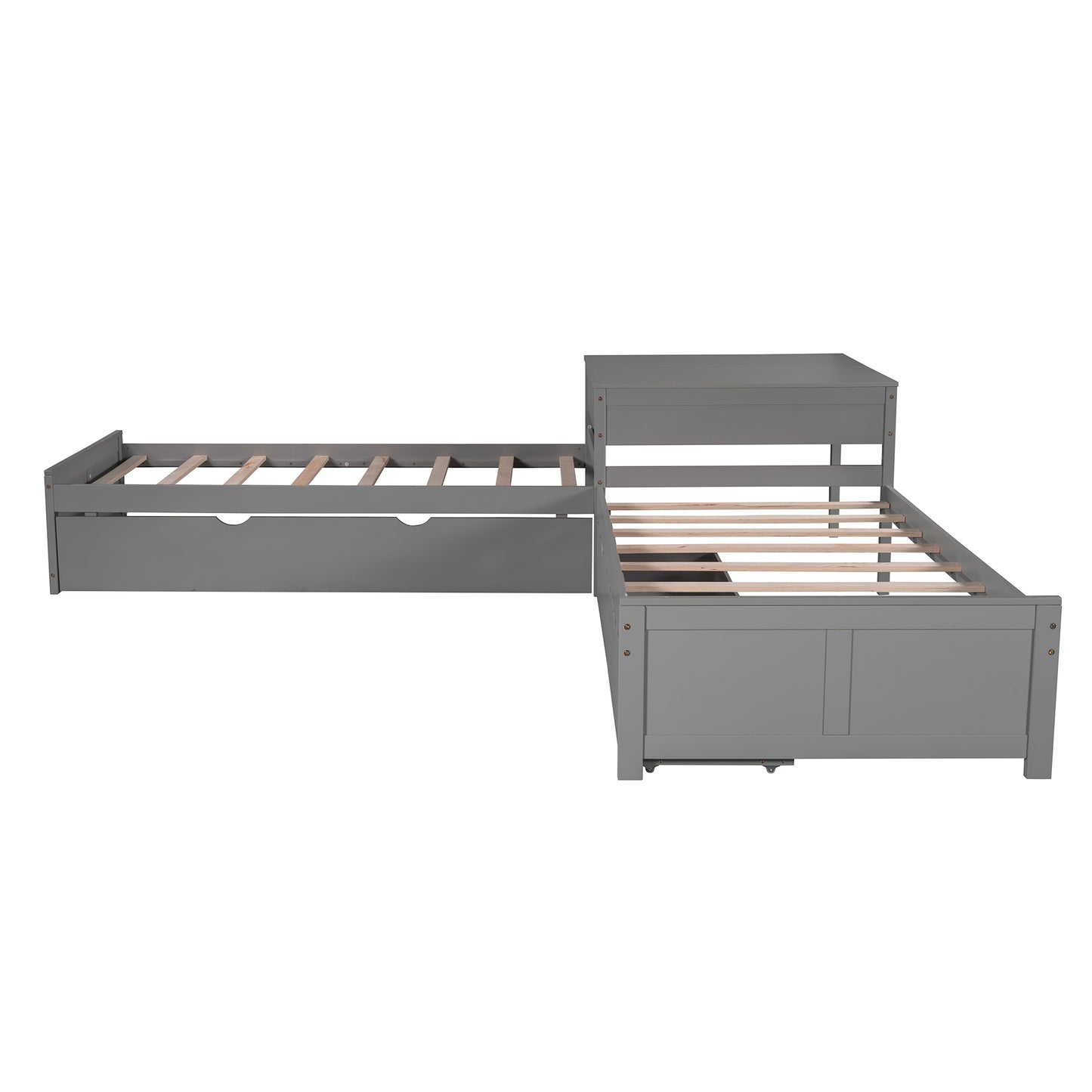 Gray Lshaped bunk bed frame with wooden slats