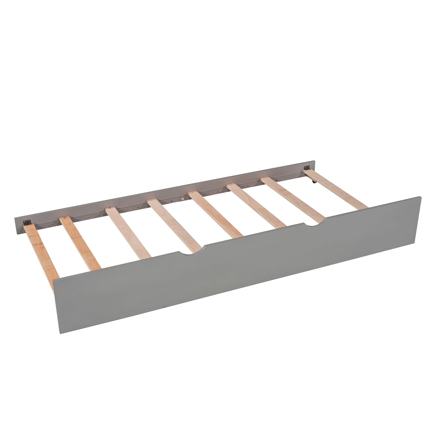 Gray wooden rollout trundle bed frame with support slats