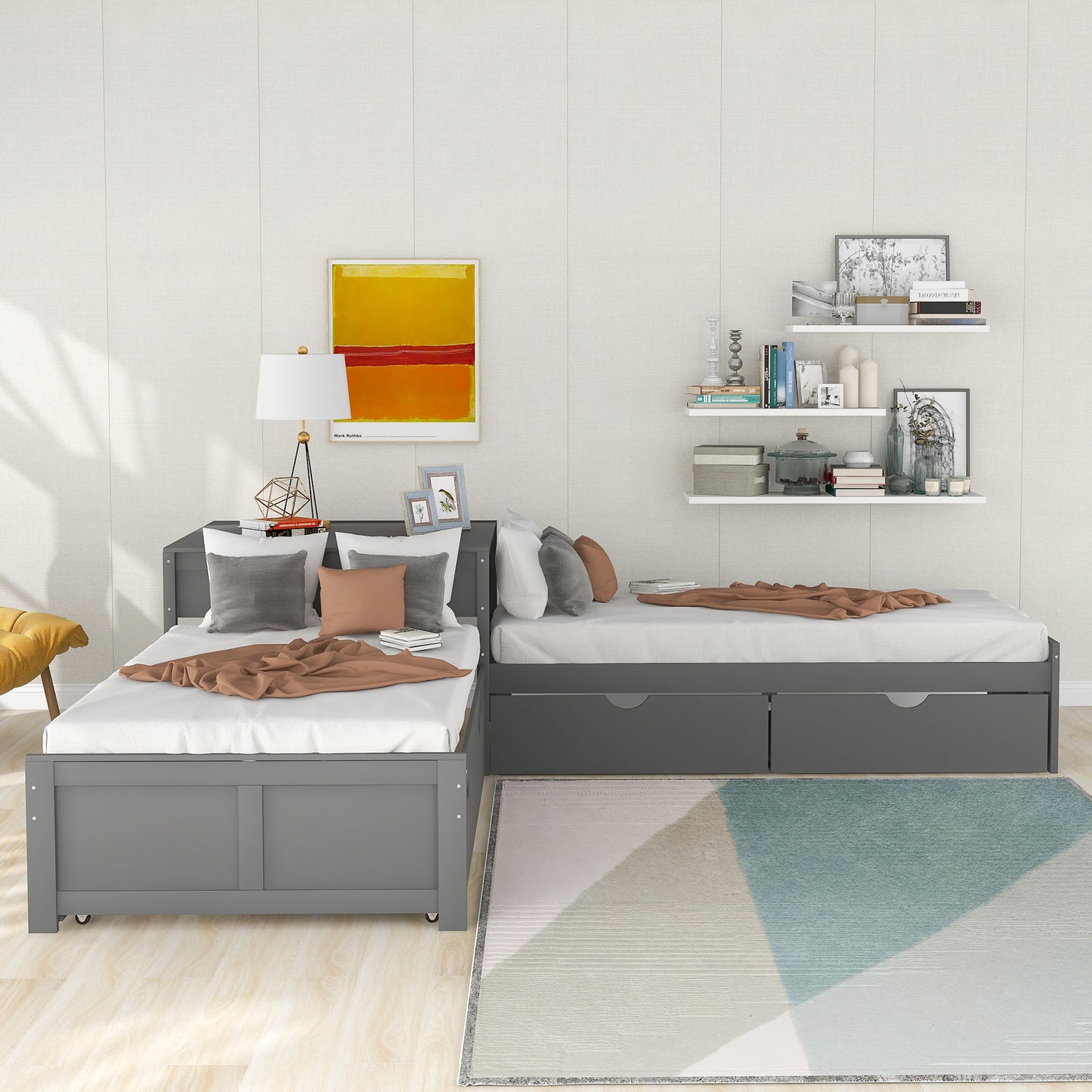 Gray wooden daybed with trundle and storage drawers