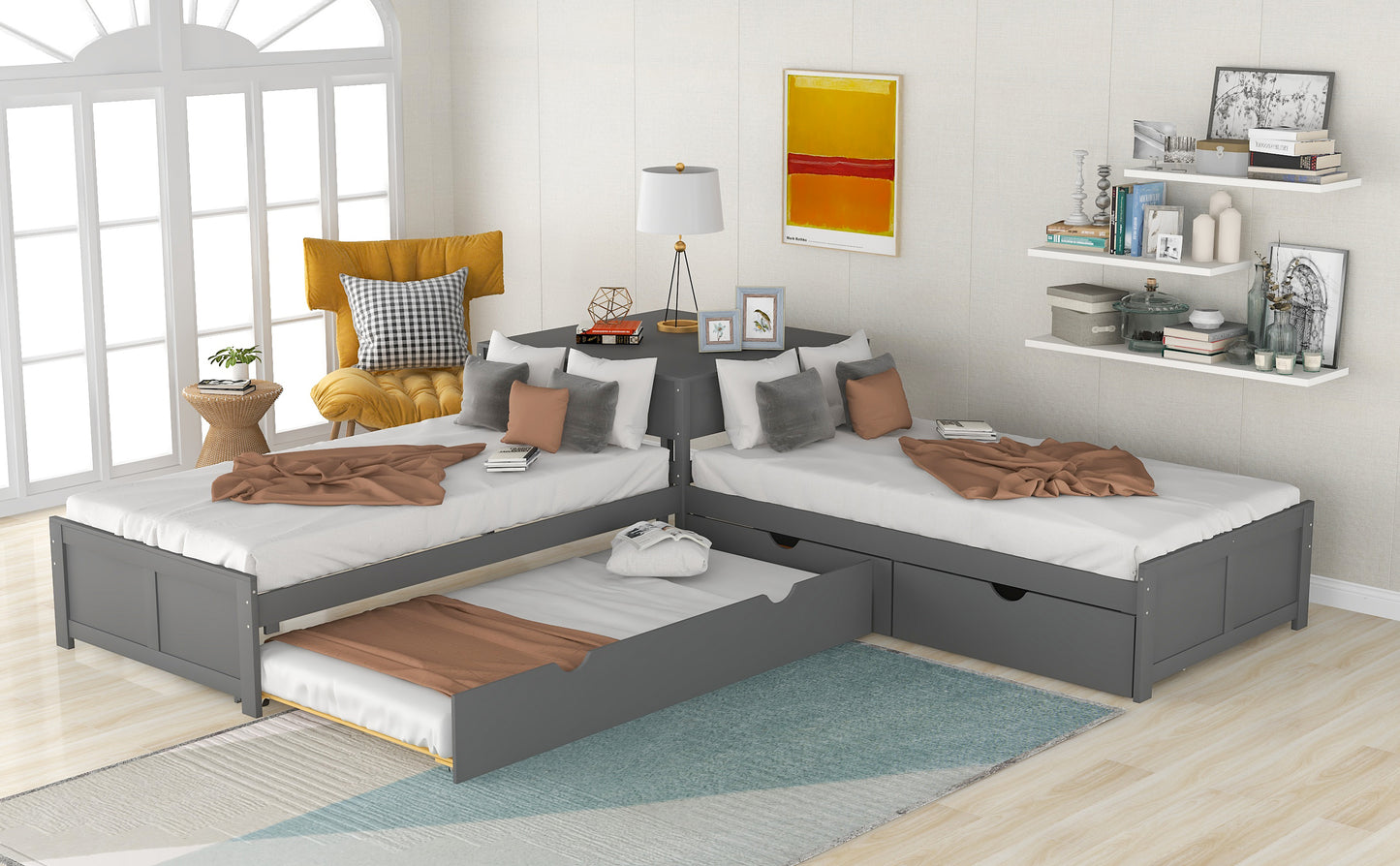 Gray corner daybed with pullout trundle and storage drawers