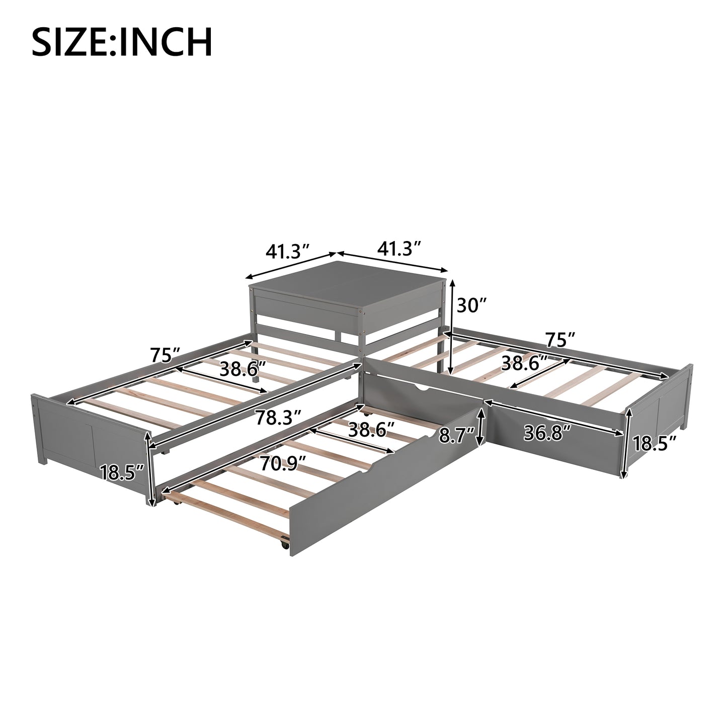 Gray wooden daybed with trundle and builtin storage drawer