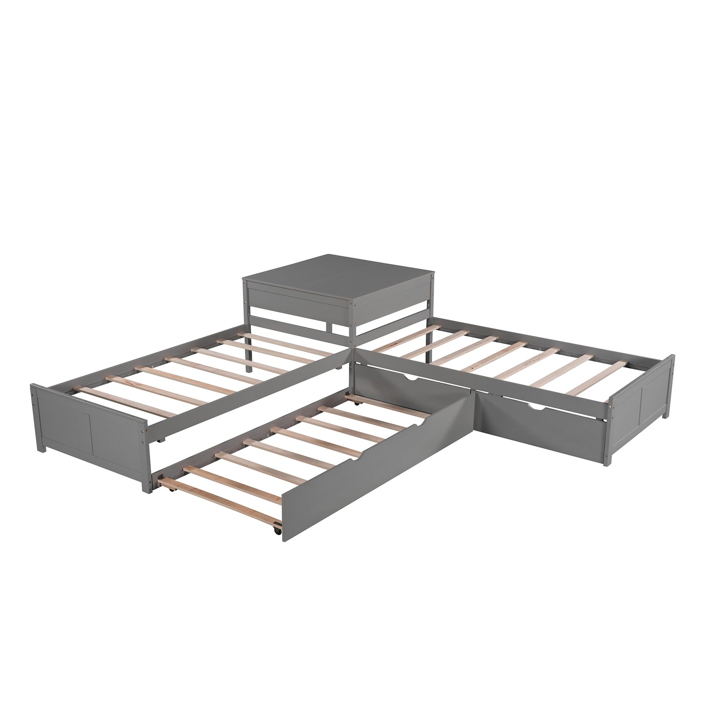 Gray wooden daybed with three pullout trundle beds and integrated storage