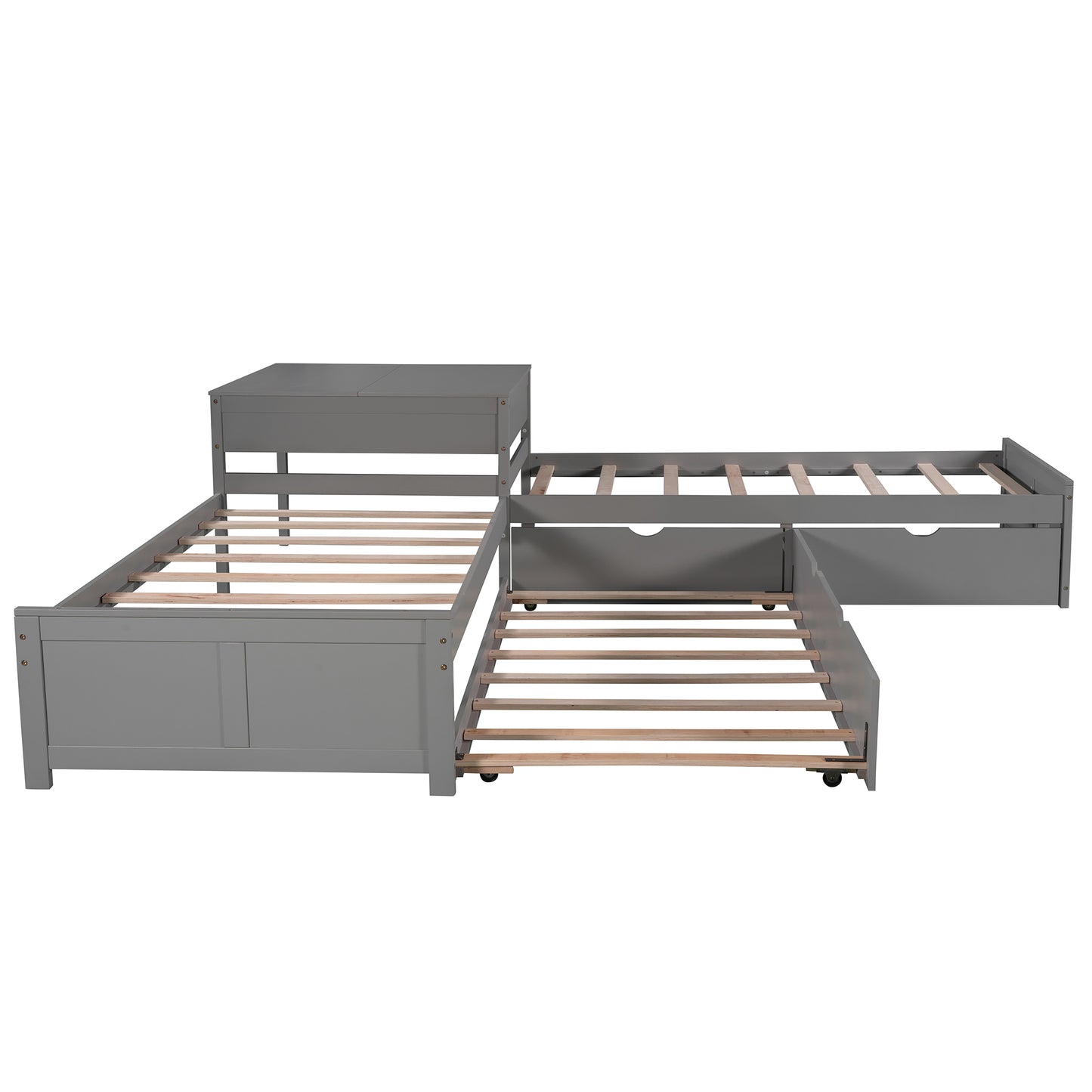 Gray wooden trundle bed frame with three connected sections