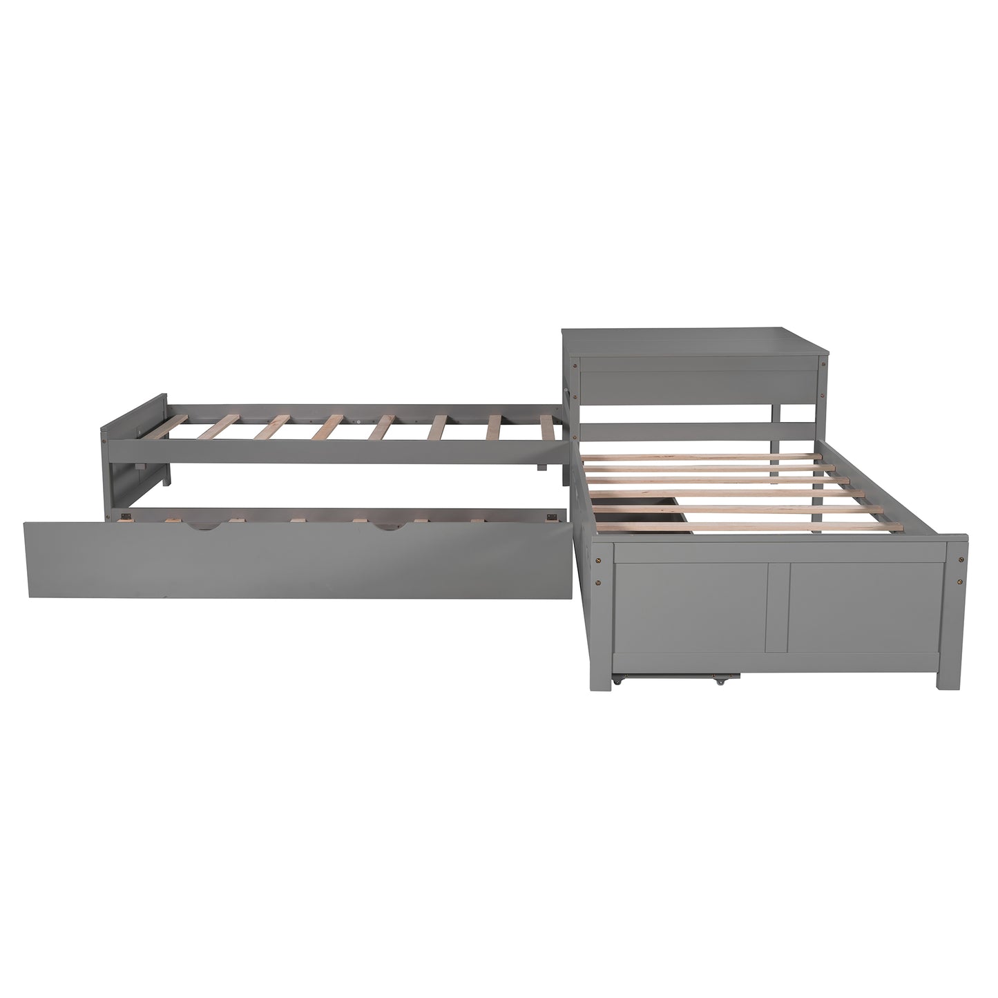 Gray wooden Lshaped daybed with pullout trundle and storage drawer