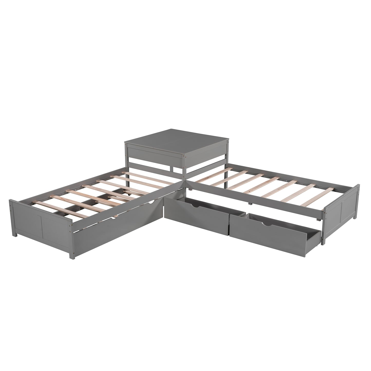 Grey wood Lshaped twin bed frame with three storage drawers