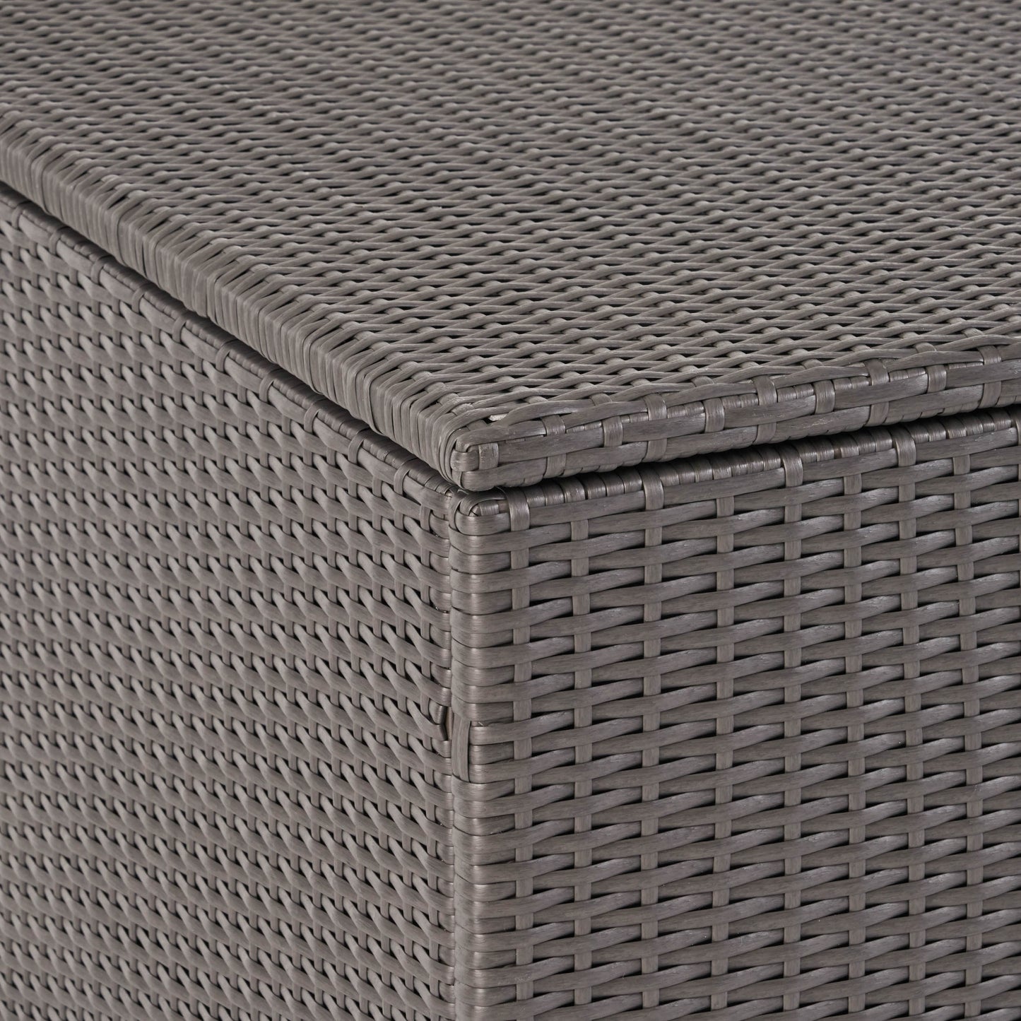 Grey wicker storage ottoman with hinged lid