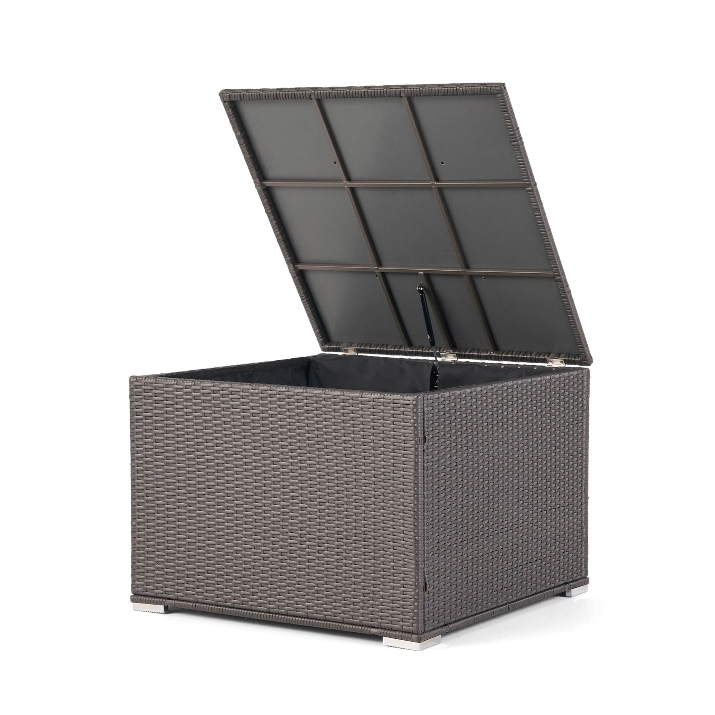 Dark brown rattan patio storage box with lid open