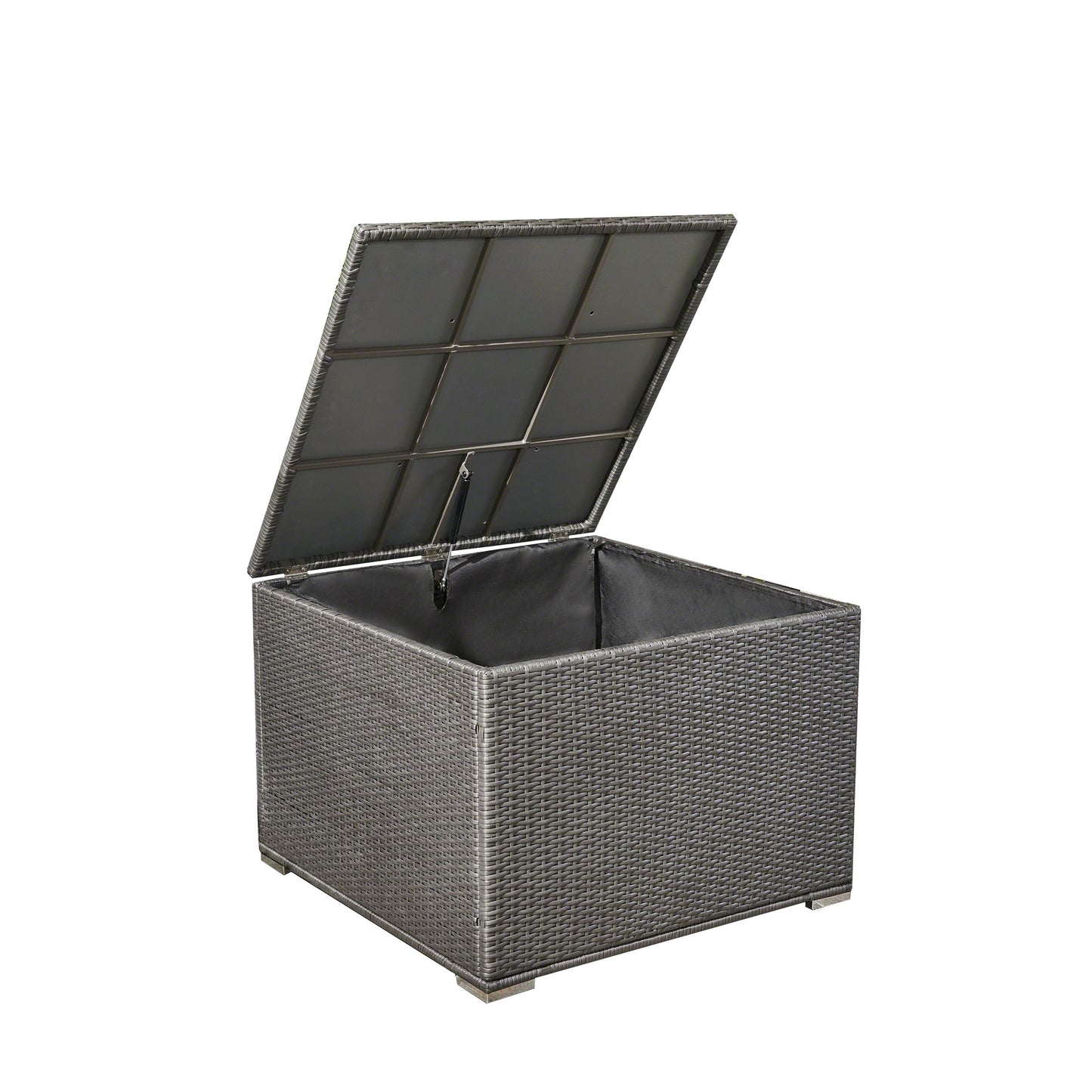 Gray wicker storage chest with lid open showing storage area
