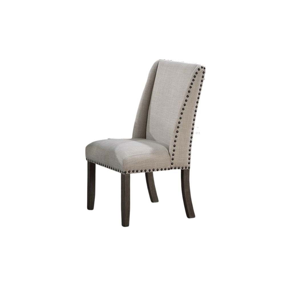 Tufted linen dining chair in natural beige with dark wooden legs