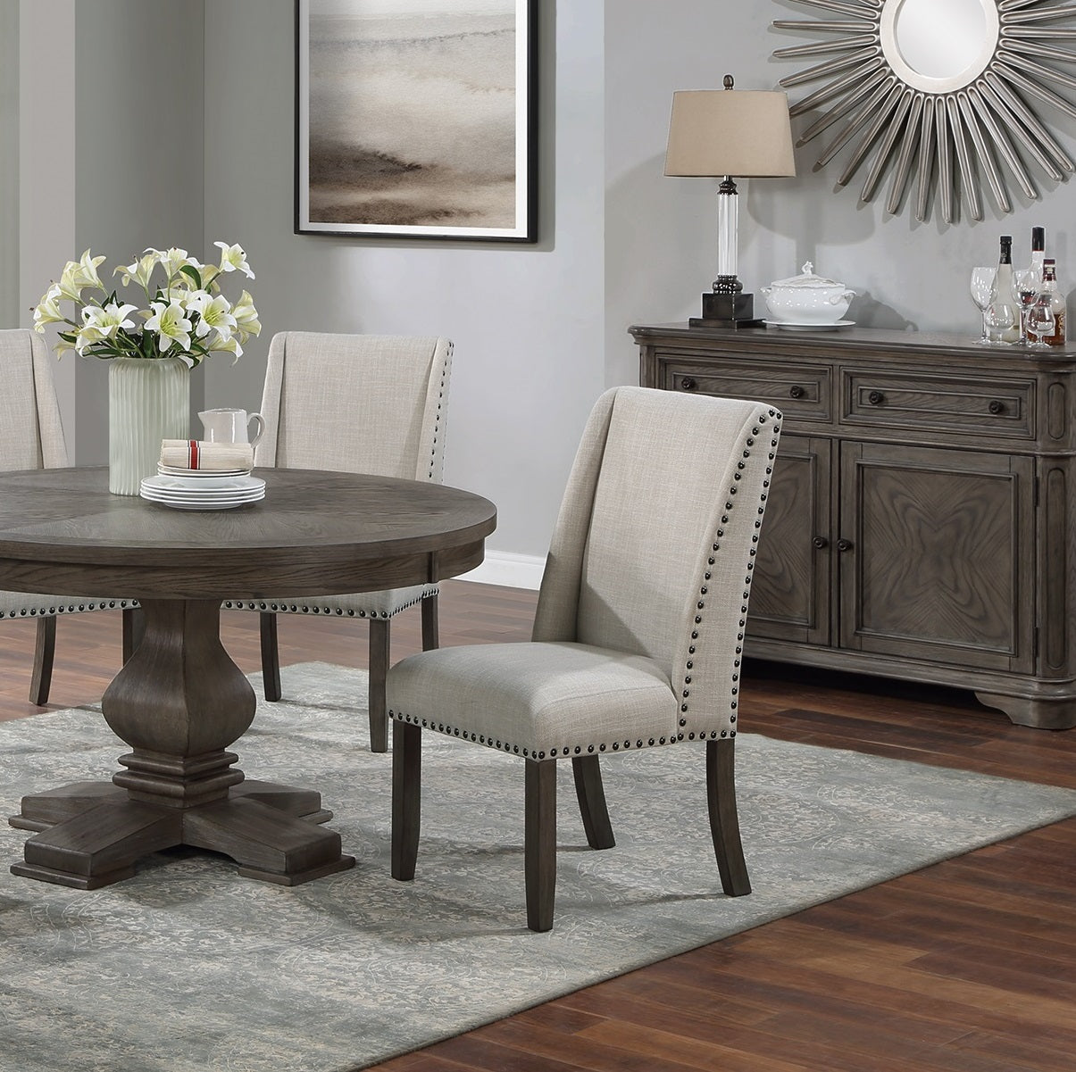 Tufted upholstered dining chair with nailhead trim