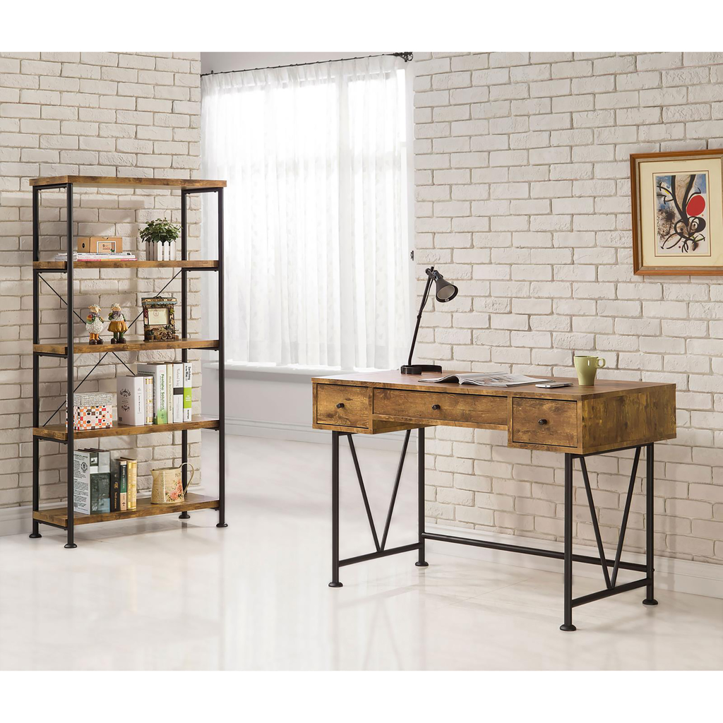 Rustic wood desk with three drawers and black metal legs