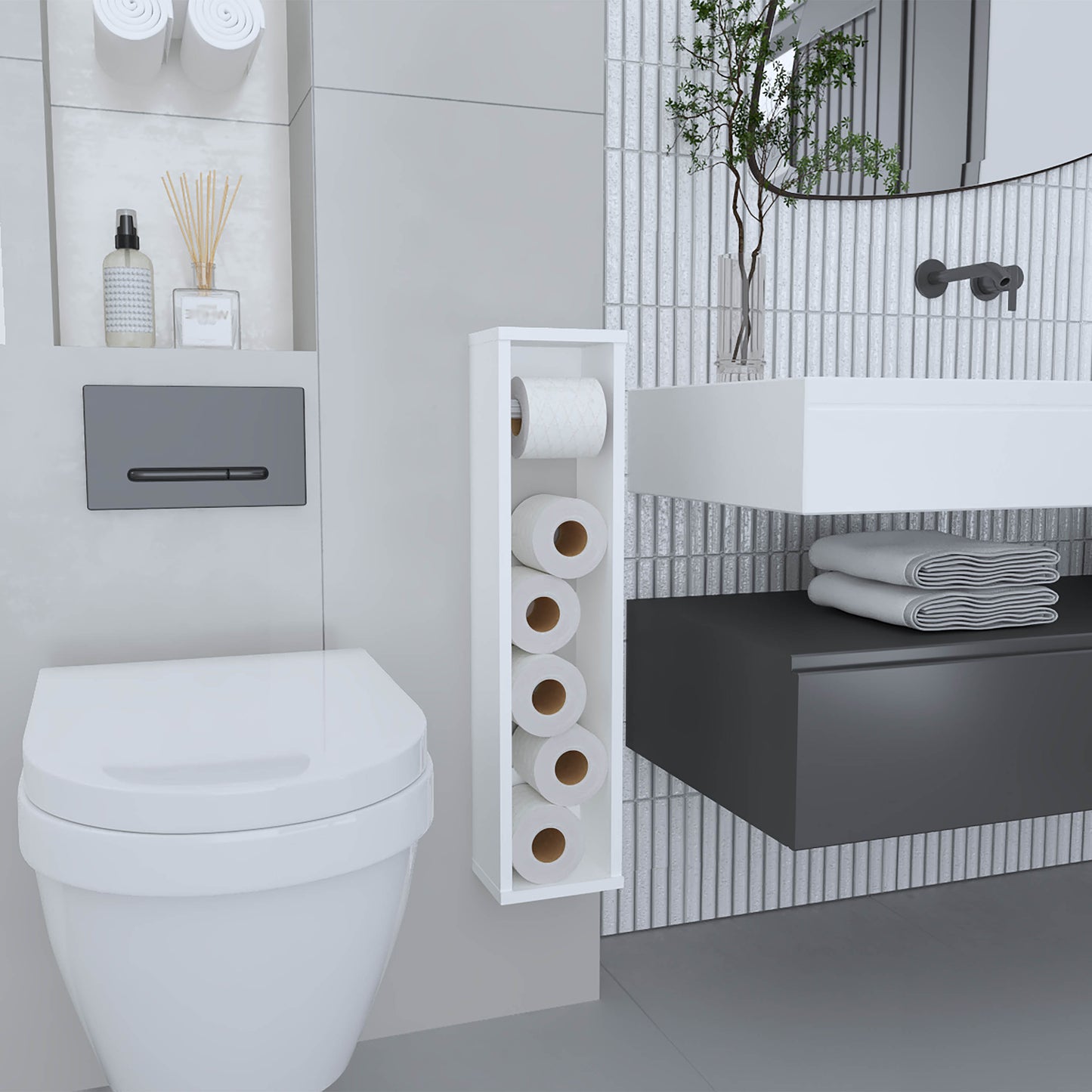 Tall white toilet paper holder with six rolls