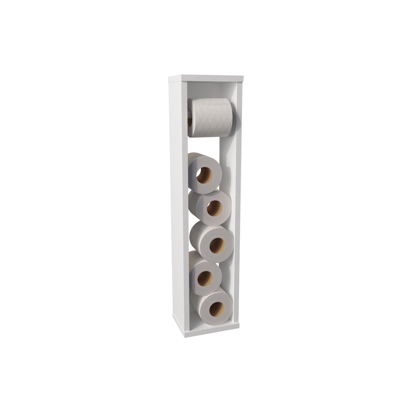 White modern toilet paper holder storing six rolls