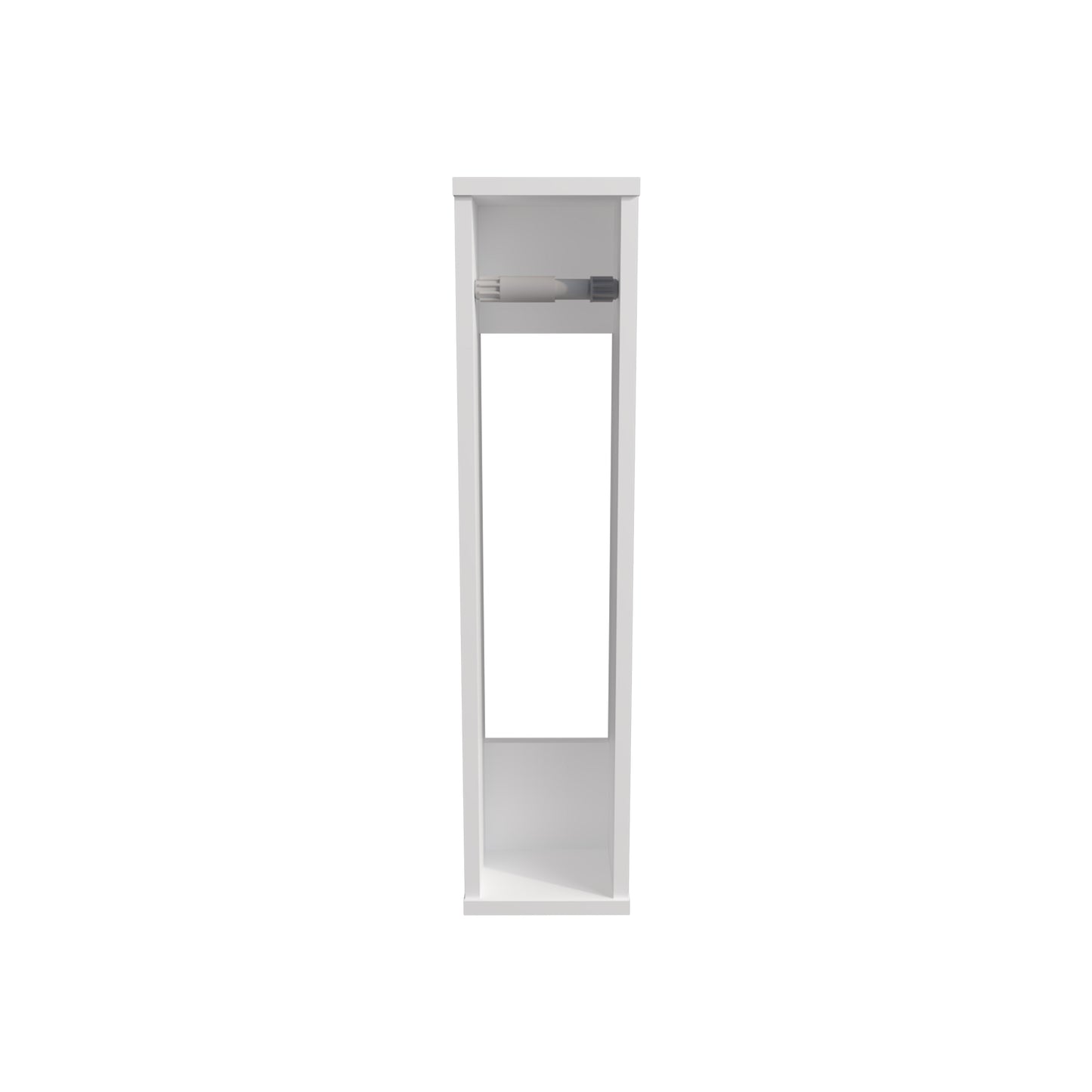 White vertical toilet paper holder with a shelf