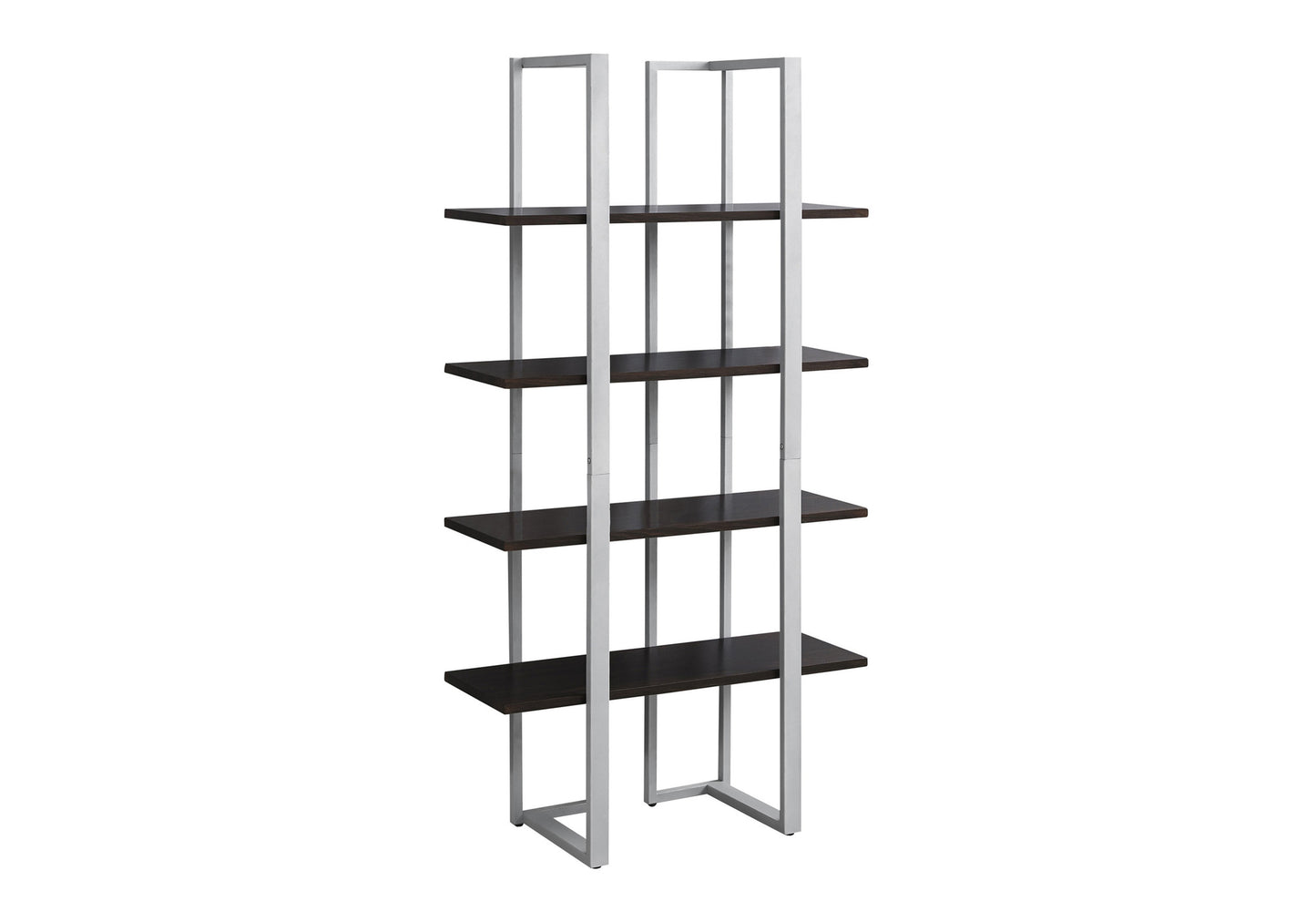 Modern metal frame bookshelf with dark wood shelves