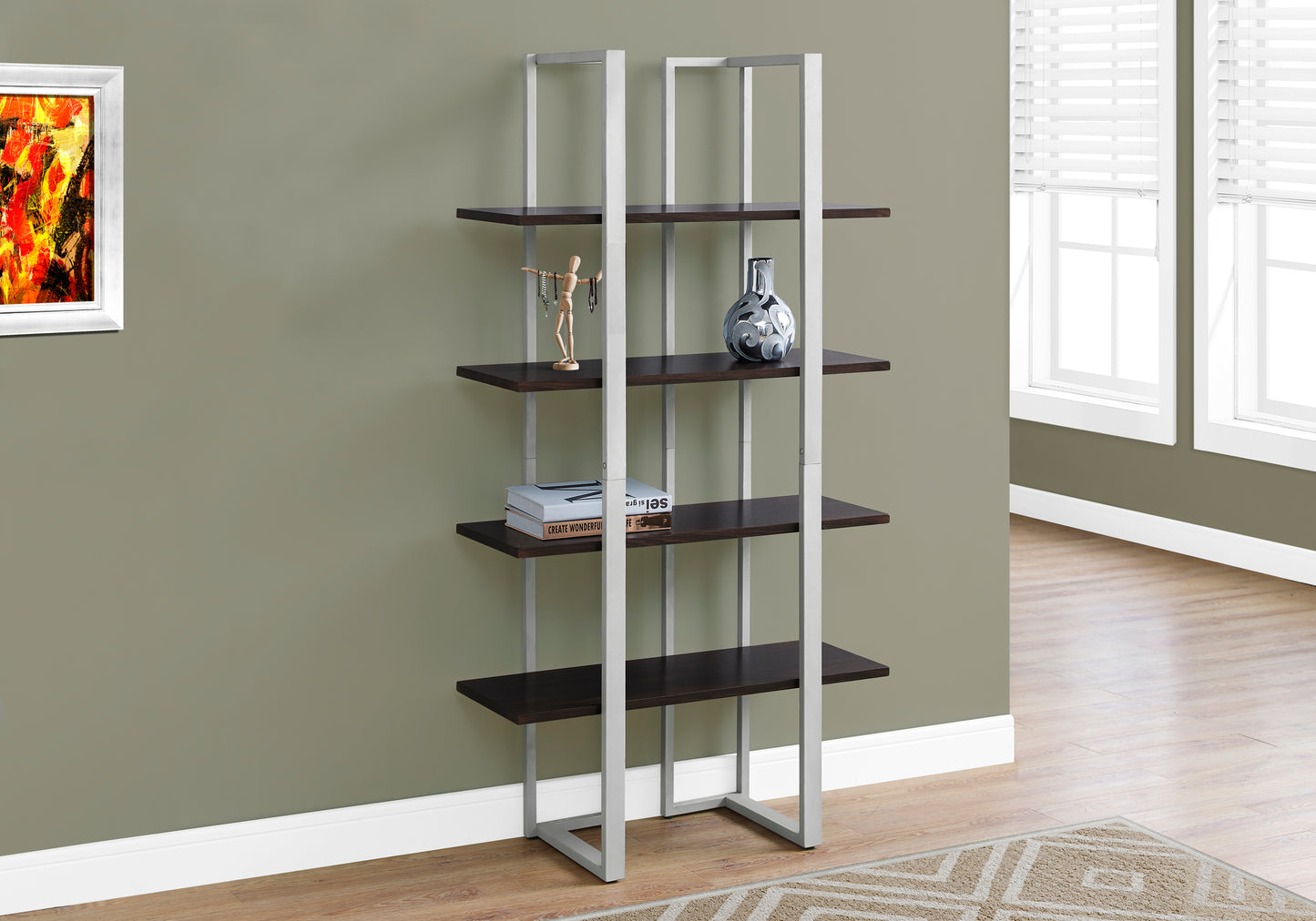 Modern fourshelf bookcase with dark espresso wood and silver metal frame