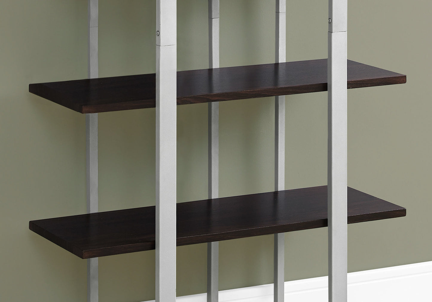 Dark espresso wood shelves with sleek silver metal frame