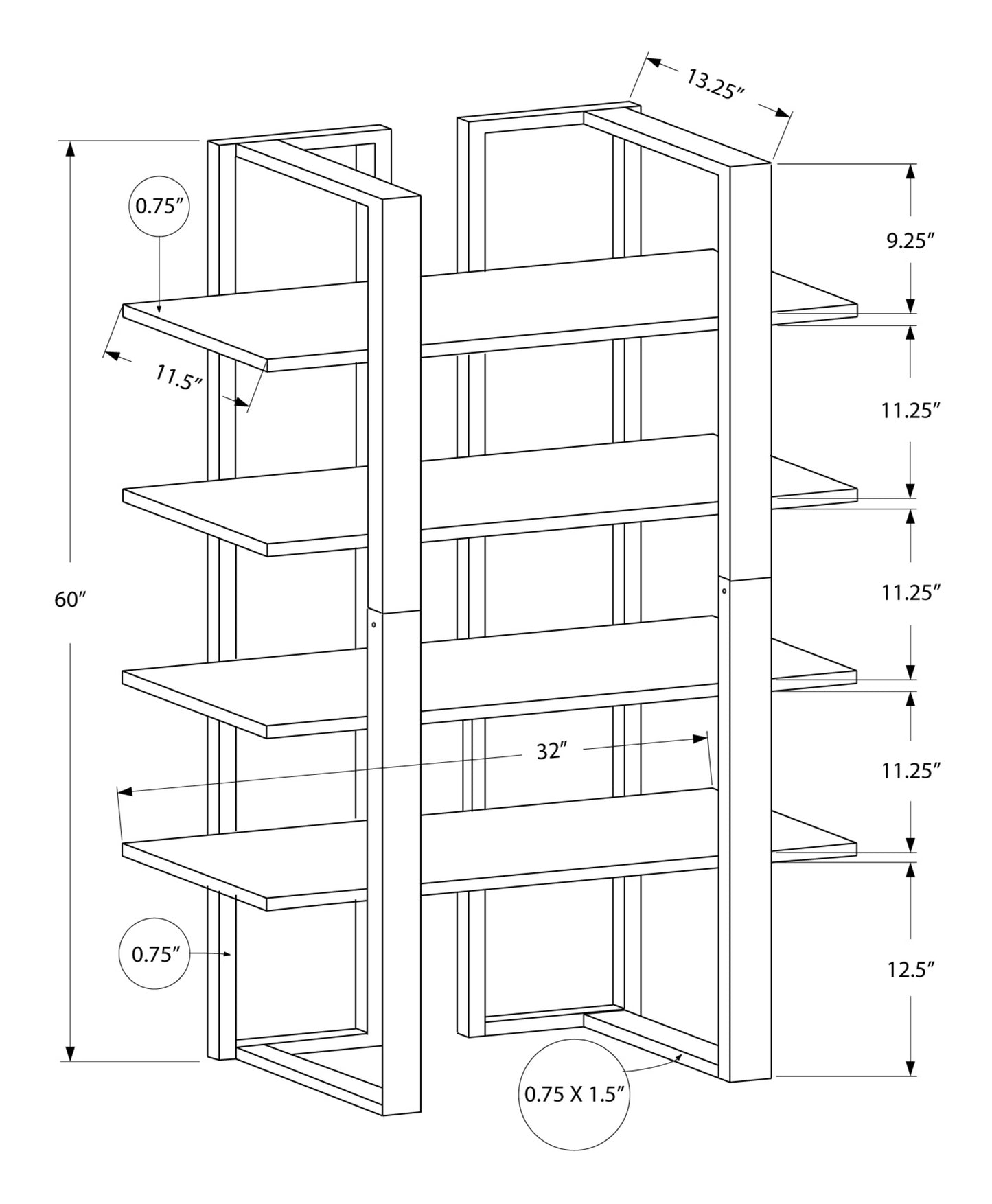 Line drawing of a modern open bookshelf with five shelves and metal frame construction