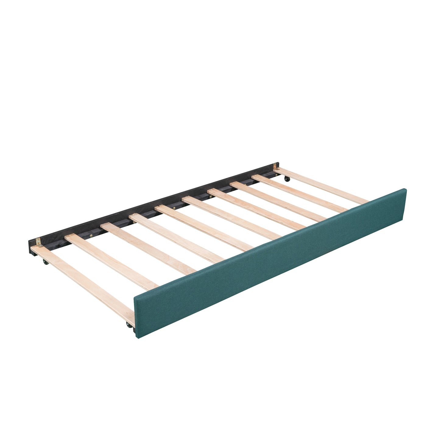 Teal upholstered trundle bed frame with wooden slats and wheels