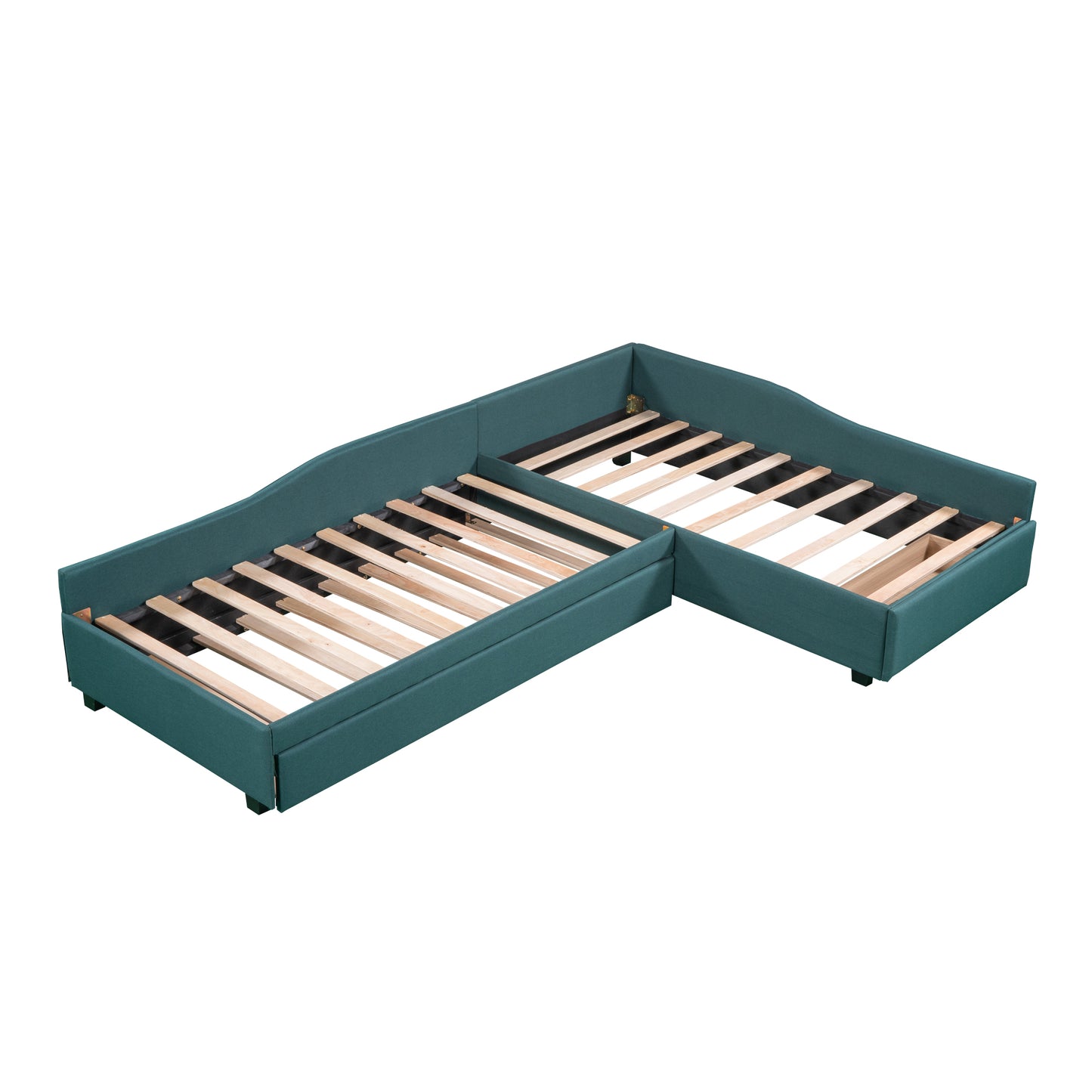 Teal fabric sectional sofa bed frame with exposed wooden slats and pullout drawer space