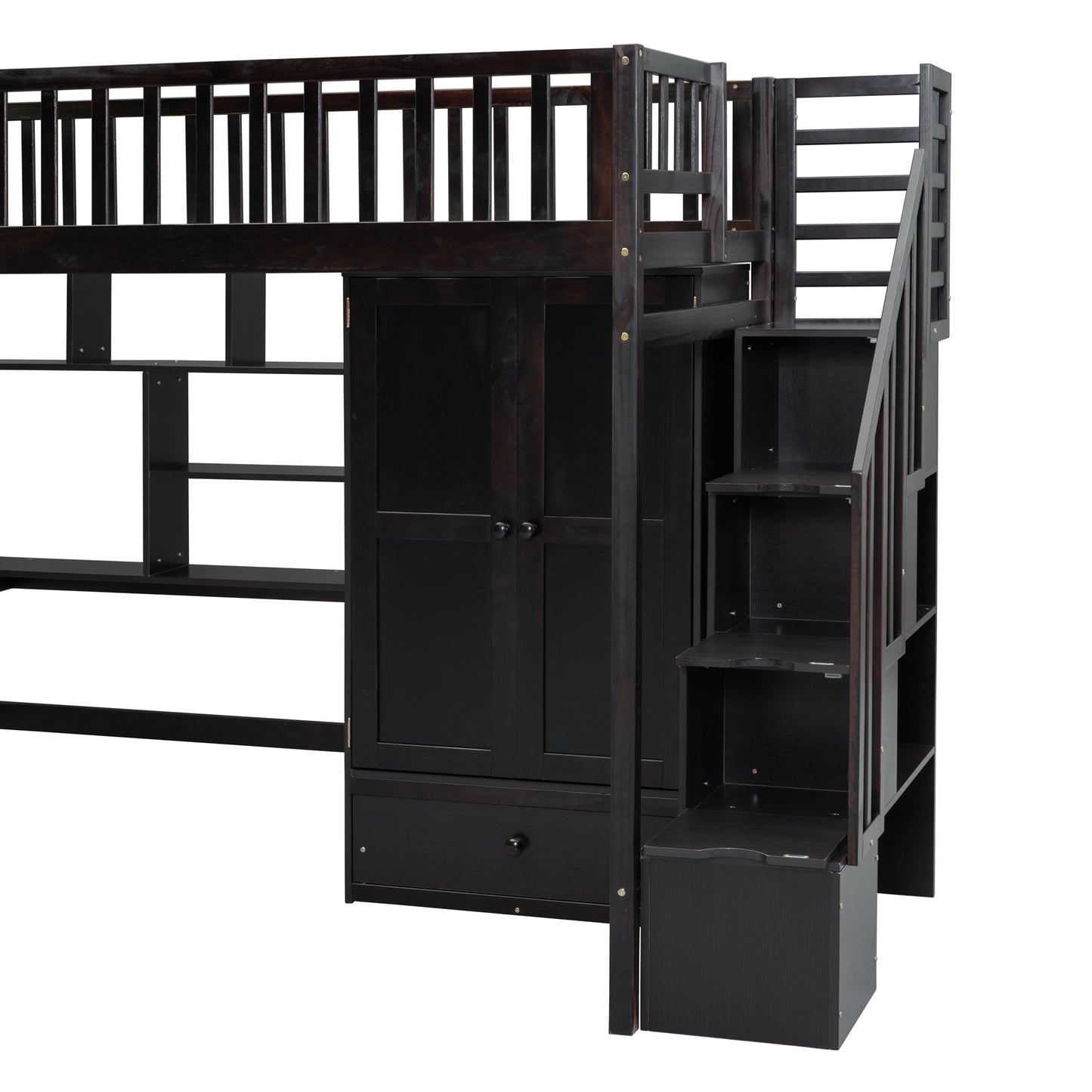 Dark espresso loft bed with integrated wardrobe and shelves