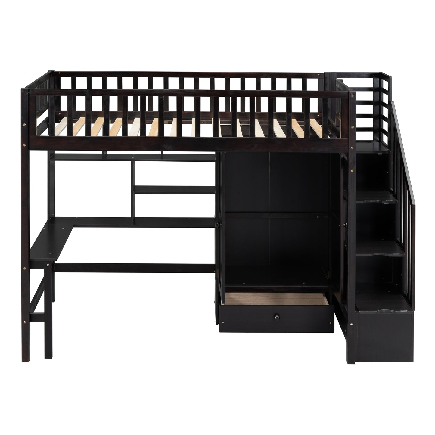 Dark espresso wood loft bed with integrated desk and stairs