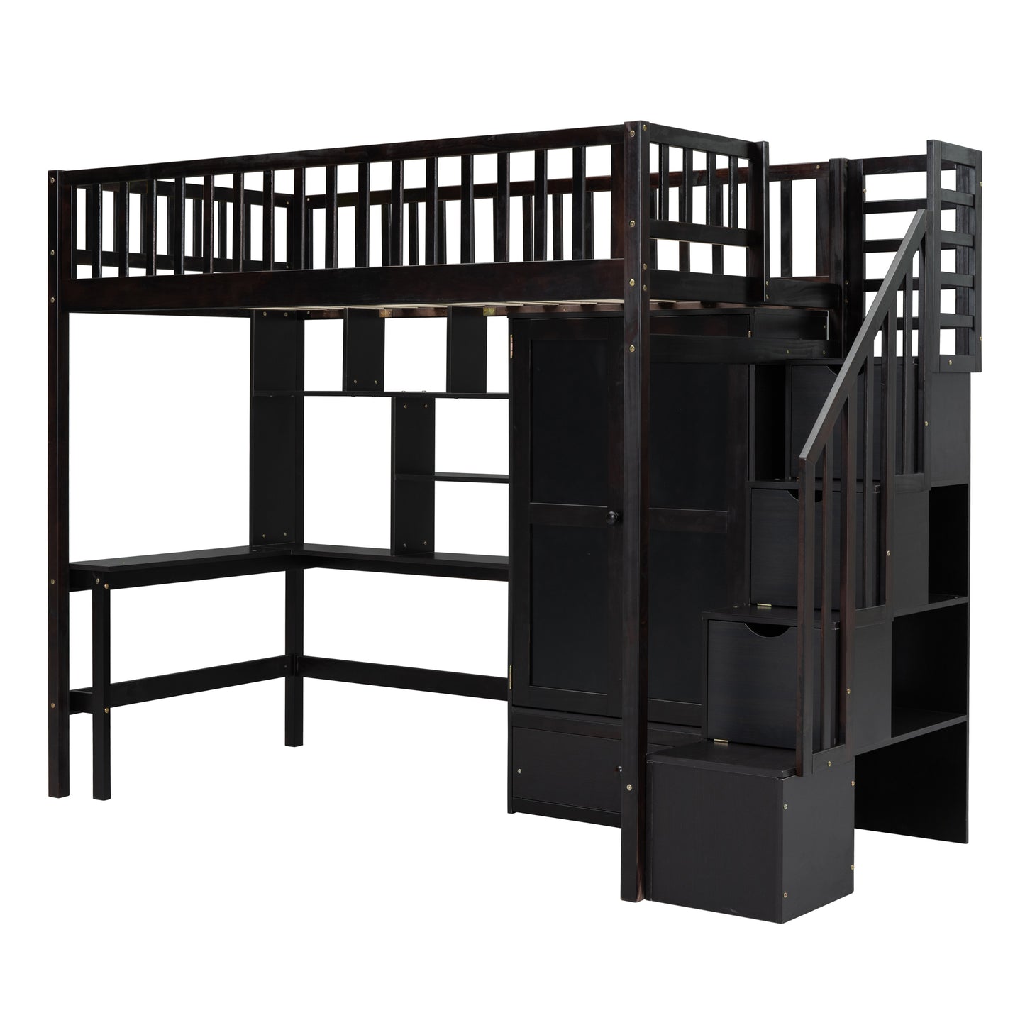 Dark espresso loft bed with stairs and integrated desk