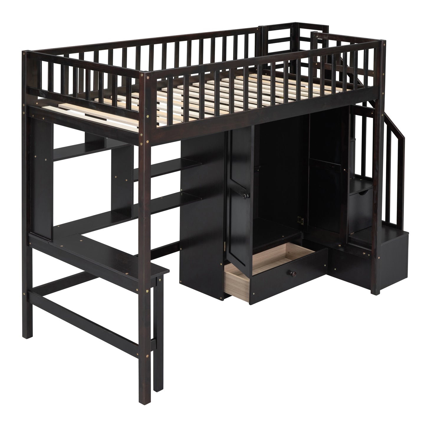 Dark wood loft bed with integrated wardrobe and desk