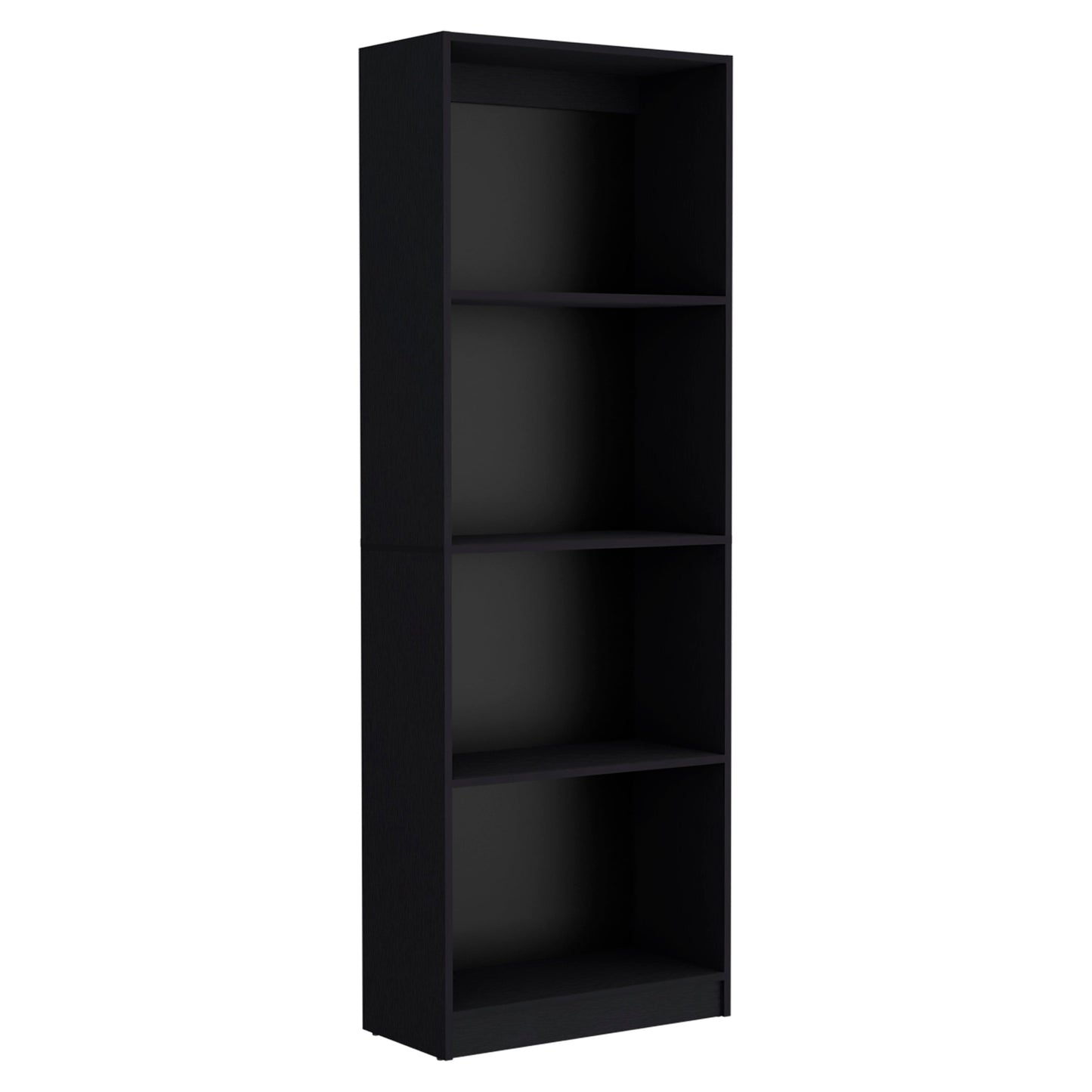 Tall black bookshelf with four open shelves