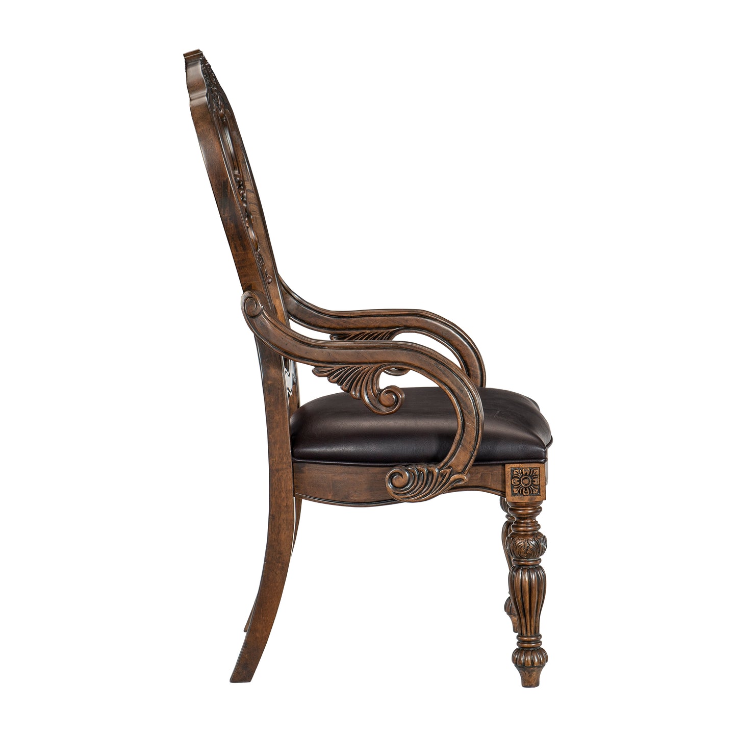 Ornate carved wood armchair with dark brown leather seat