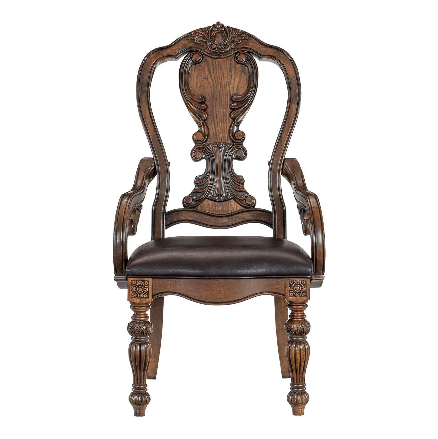 Ornate carved dark wood dining chair with leather seat