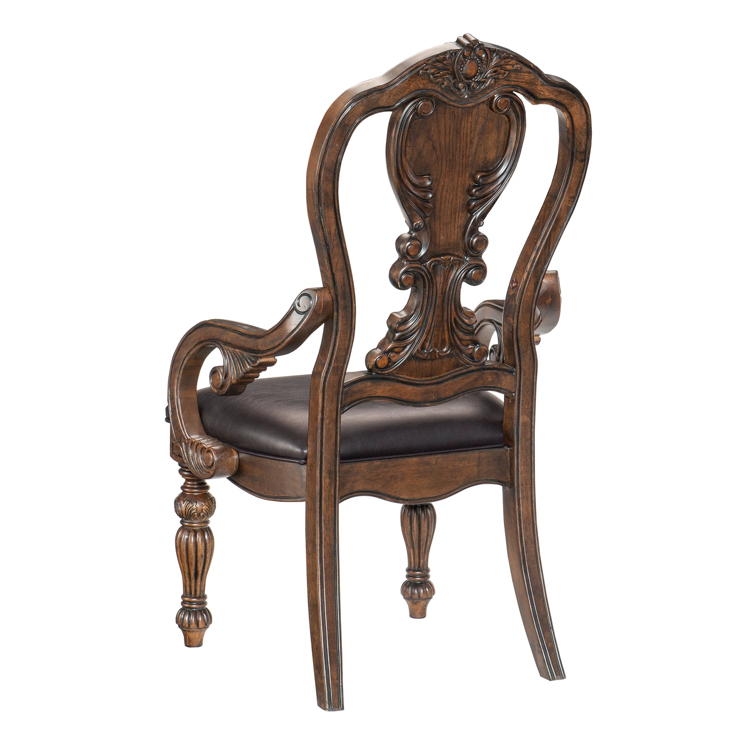 Ornate dark wood armchair with carved details and brown leather seat