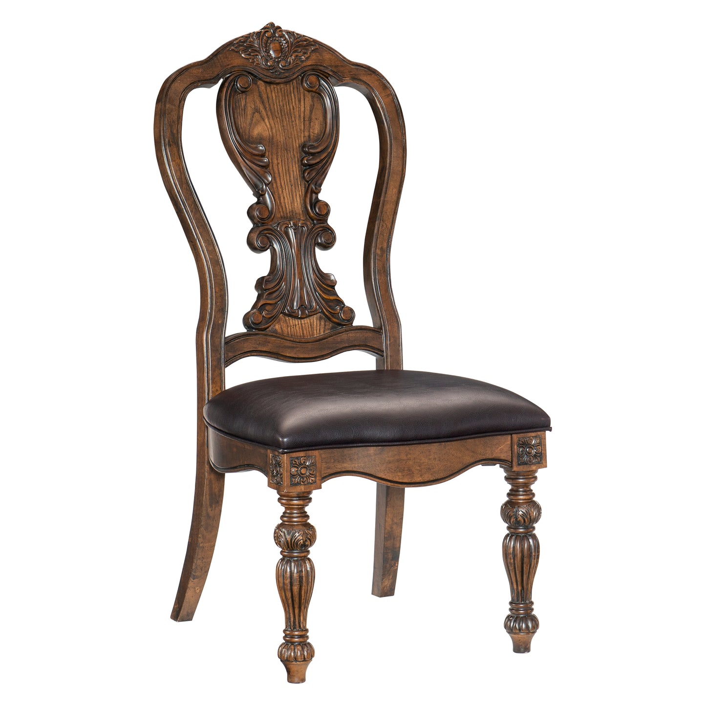 Ornate wooden dining chair with dark leather seat and carved details