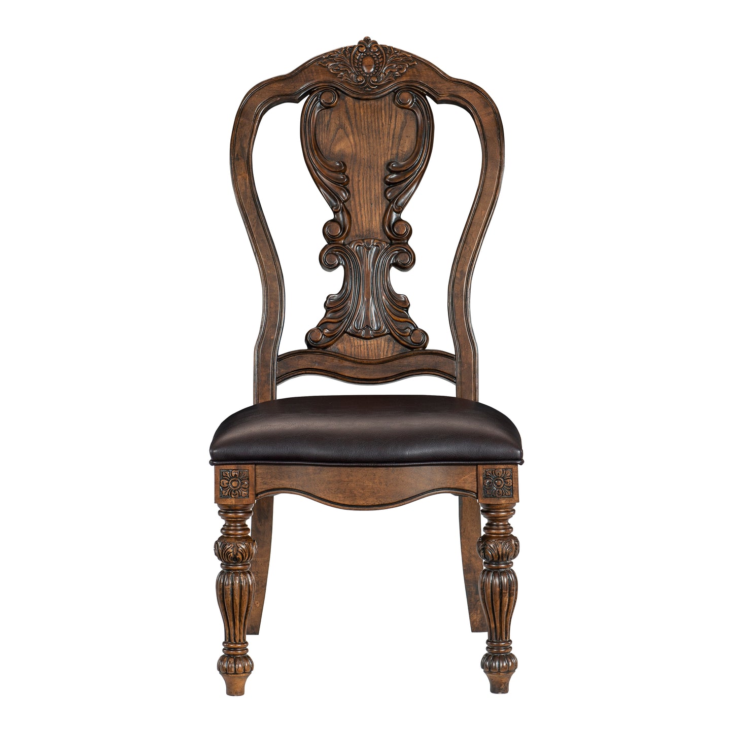 Ornate dark wood dining chair with padded dark brown leather seat