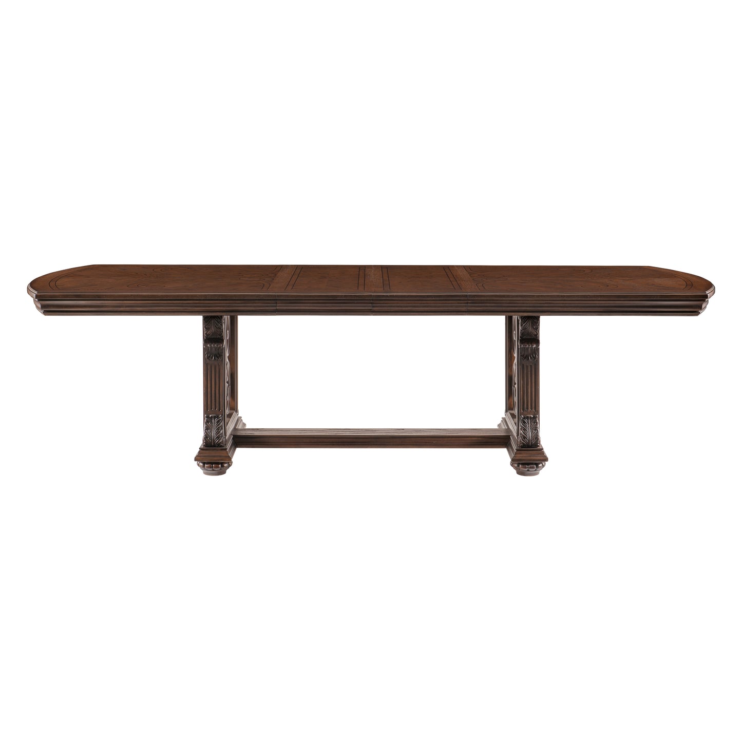 Ornate dark wood dining table with carved pedestal legs