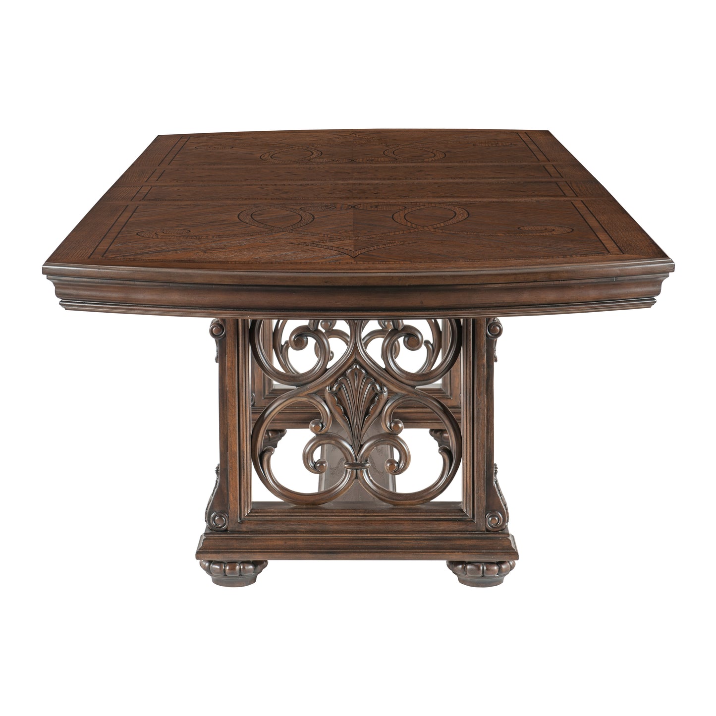 Dark oak dining table with carved pedestal base