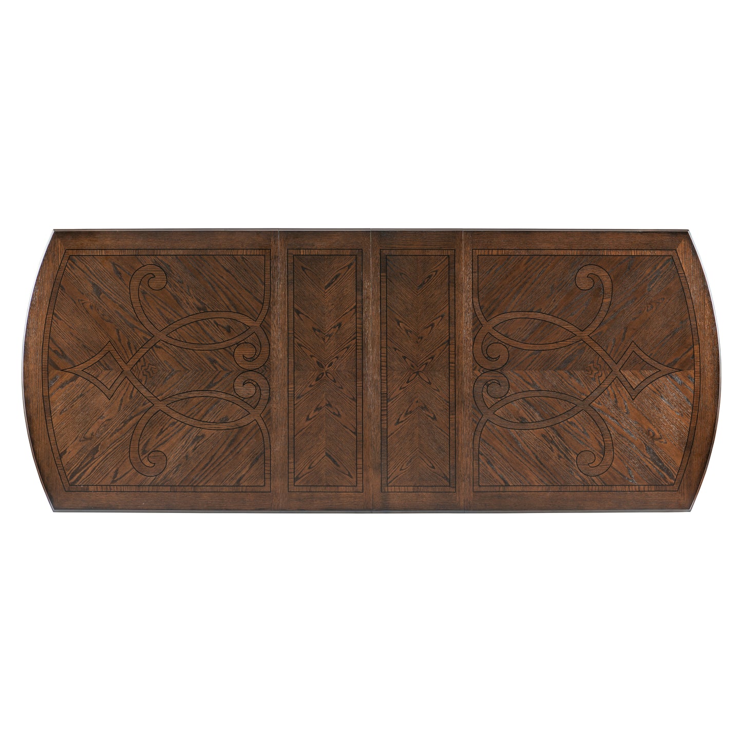 Dark oak dining table with inlaid wood veneer pattern