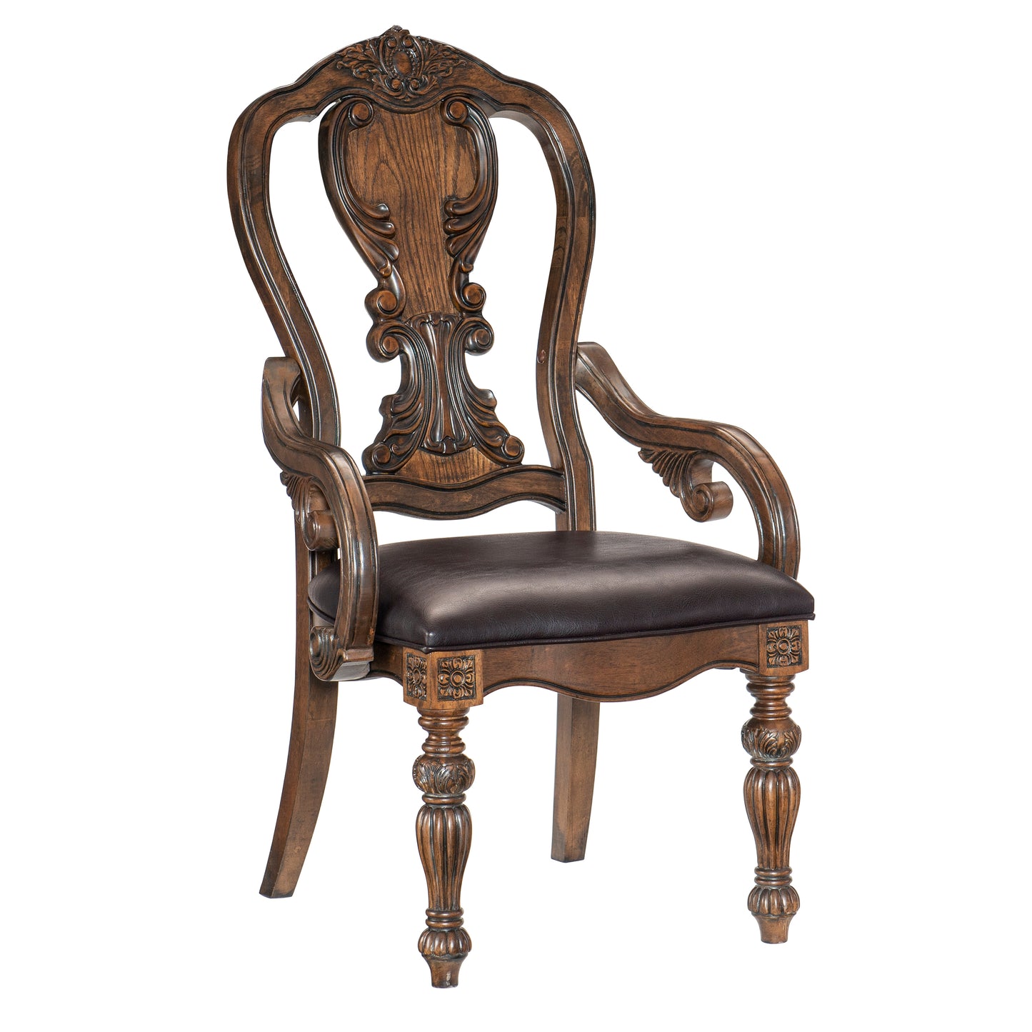 Antique carved wood dining chair with brown leather seat