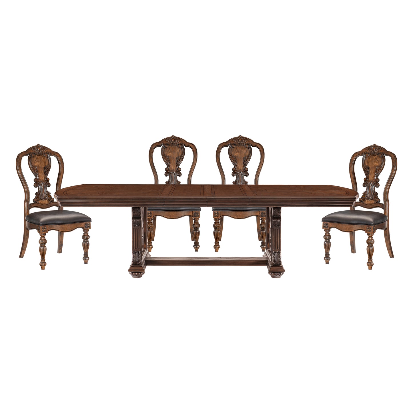 Ornate dark wood dining table with four leather upholstered chairs