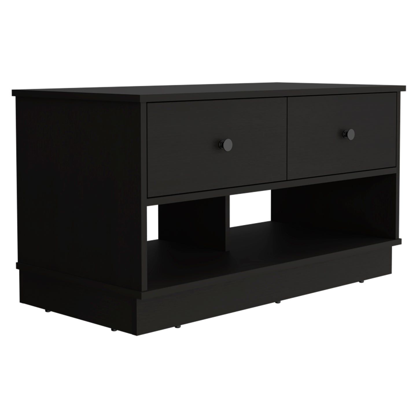 Black modern TV stand with two drawers and open shelf
