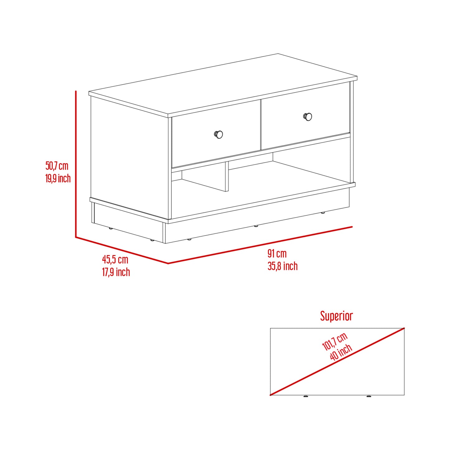 White line drawing of a modern drawer media console with open shelf and dimensions