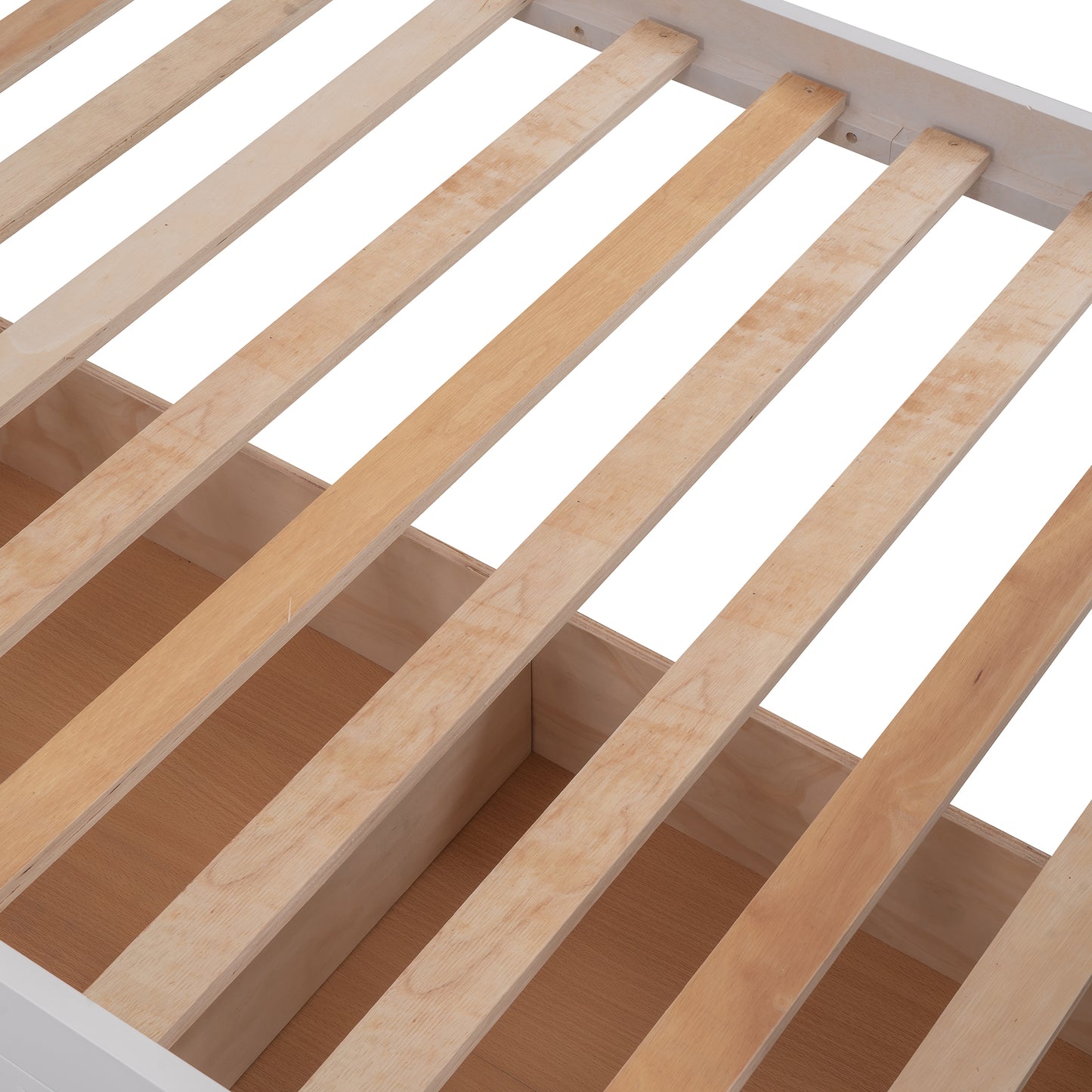Closeup of natural wood bed slats and frame